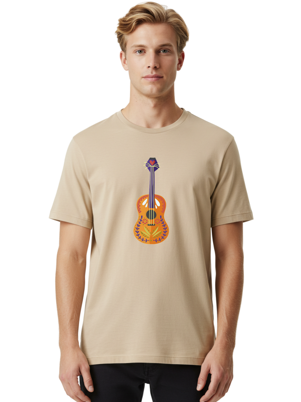 Mexican-Guitar Men'S Graphic Tee, 100% Cotton, Comfortable Casual Summer Wear, Machine Washable, Acoustic Guitar, Stringed Instrument, Music, Floral Pattern, Red And Blue Design, Orange Body, Yellow And White Strings, Cat Face Headstock Aad722