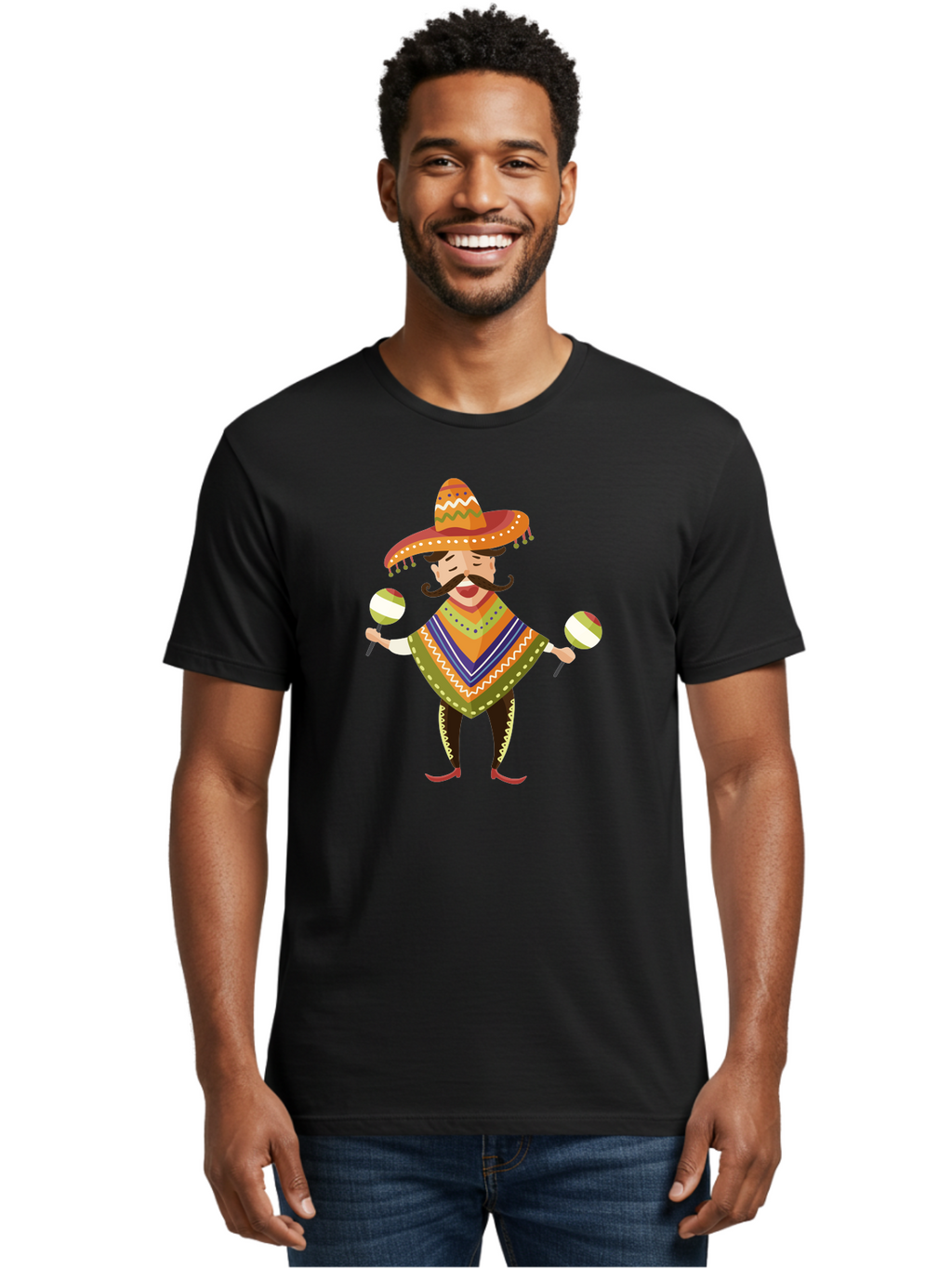 Mexican-Man-With-Maracas Men'S Graphic Tee, 100% Cotton, Comfortable Casual Summer Wear, Machine Washable, Mariachi Man, Traditional Mexican Clothing, Colorful Poncho, Sombrero Hat, Maracas, Festive Atmosphere, Cultural Heritage, Lively Music, Aad723