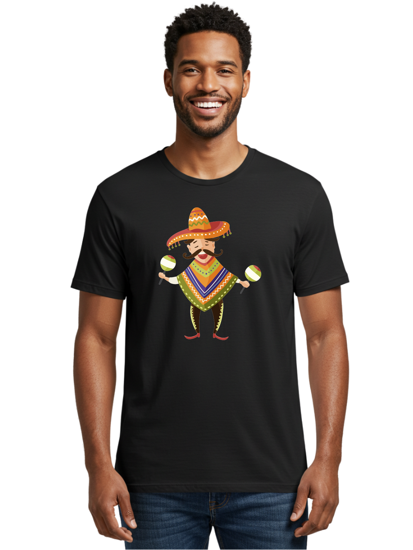 Mexican-Man-With-Maracas Men'S Graphic Tee, 100% Cotton, Comfortable Casual Summer Wear, Machine Washable, Mariachi Man, Traditional Mexican Clothing, Colorful Poncho, Sombrero Hat, Maracas, Festive Atmosphere, Cultural Heritage, Lively Music, Aad723