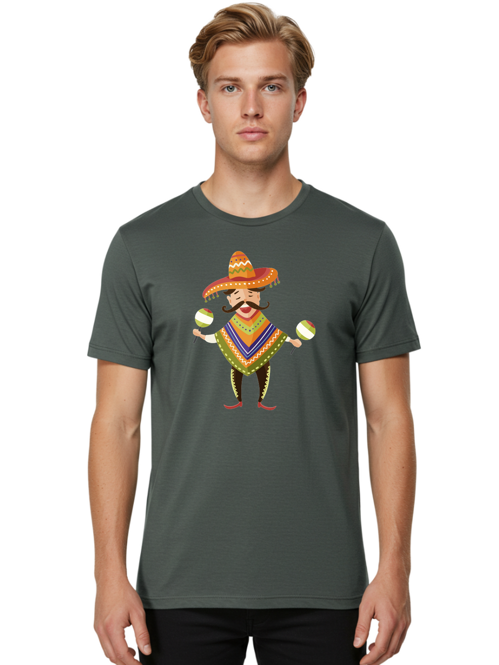 Mexican-Man-With-Maracas Men'S Graphic Tee, 100% Cotton, Comfortable Casual Summer Wear, Machine Washable, Mariachi Man, Traditional Mexican Clothing, Colorful Poncho, Sombrero Hat, Maracas, Festive Atmosphere, Cultural Heritage, Lively Music, Aad723