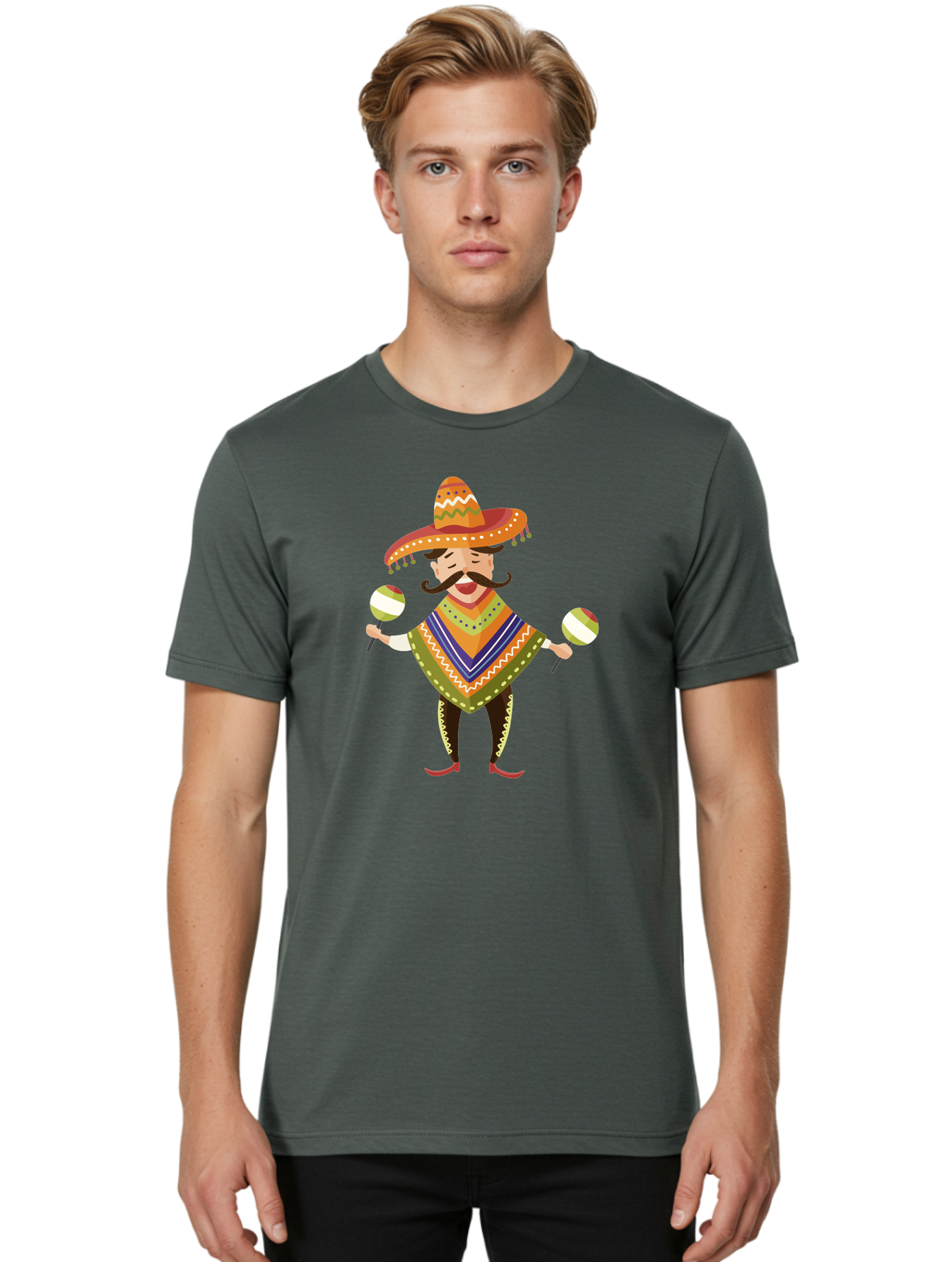 Mexican-Man-With-Maracas Men'S Graphic Tee, 100% Cotton, Comfortable Casual Summer Wear, Machine Washable, Mariachi Man, Traditional Mexican Clothing, Colorful Poncho, Sombrero Hat, Maracas, Festive Atmosphere, Cultural Heritage, Lively Music, Aad723