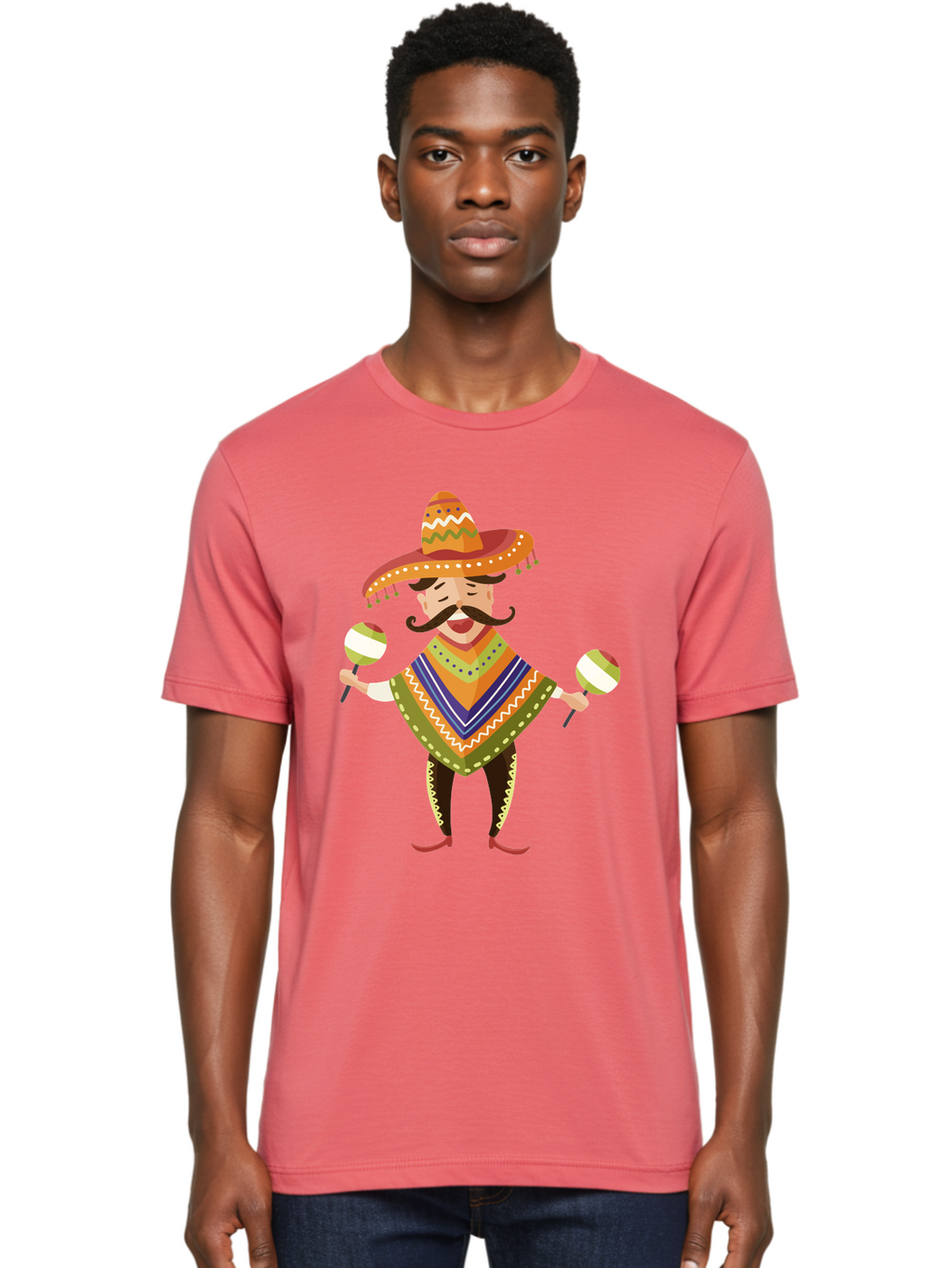 Mexican-Man-With-Maracas Men'S Graphic Tee, 100% Cotton, Comfortable Casual Summer Wear, Machine Washable, Mariachi Man, Traditional Mexican Clothing, Colorful Poncho, Sombrero Hat, Maracas, Festive Atmosphere, Cultural Heritage, Lively Music, Aad723