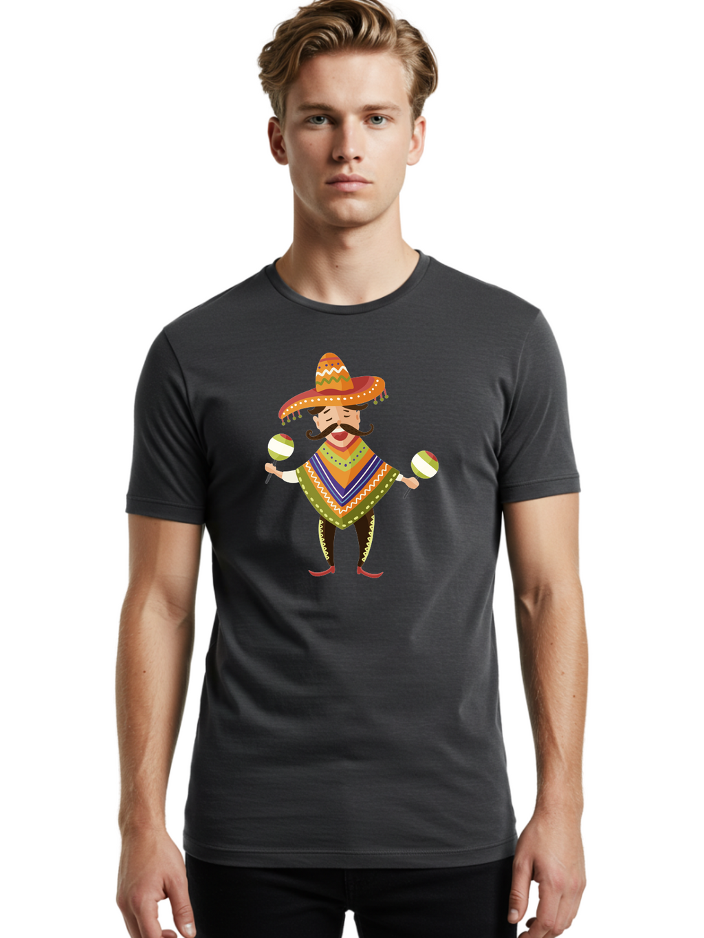 Mexican-Man-With-Maracas Men'S Graphic Tee, 100% Cotton, Comfortable Casual Summer Wear, Machine Washable, Mariachi Man, Traditional Mexican Clothing, Colorful Poncho, Sombrero Hat, Maracas, Festive Atmosphere, Cultural Heritage, Lively Music, Aad723