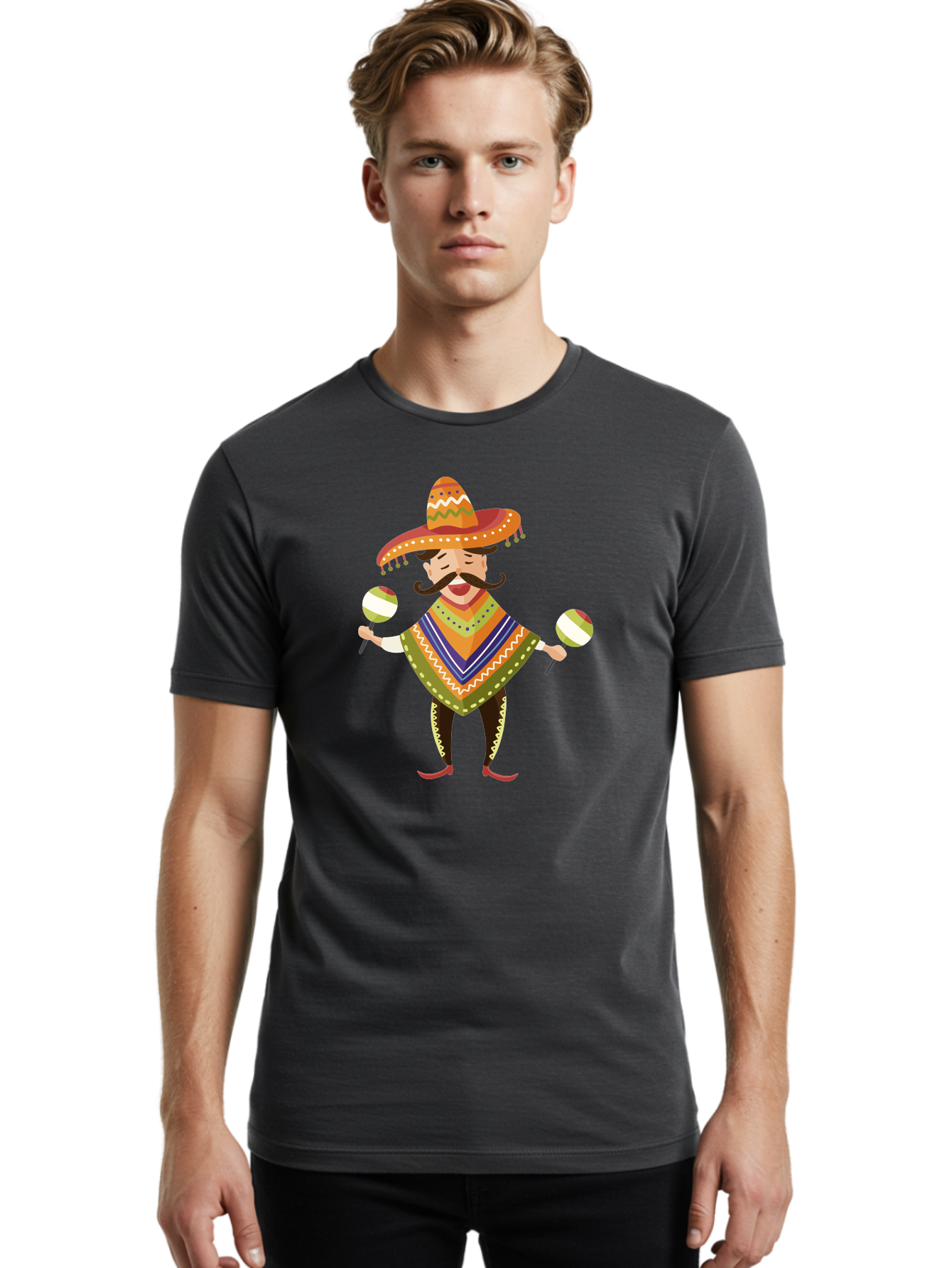 Mexican-Man-With-Maracas Men'S Graphic Tee, 100% Cotton, Comfortable Casual Summer Wear, Machine Washable, Mariachi Man, Traditional Mexican Clothing, Colorful Poncho, Sombrero Hat, Maracas, Festive Atmosphere, Cultural Heritage, Lively Music, Aad723