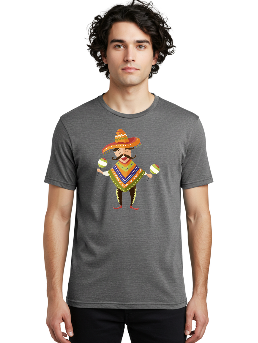 Mexican-Man-With-Maracas Men'S Graphic Tee, 100% Cotton, Comfortable Casual Summer Wear, Machine Washable, Mariachi Man, Traditional Mexican Clothing, Colorful Poncho, Sombrero Hat, Maracas, Festive Atmosphere, Cultural Heritage, Lively Music, Aad723