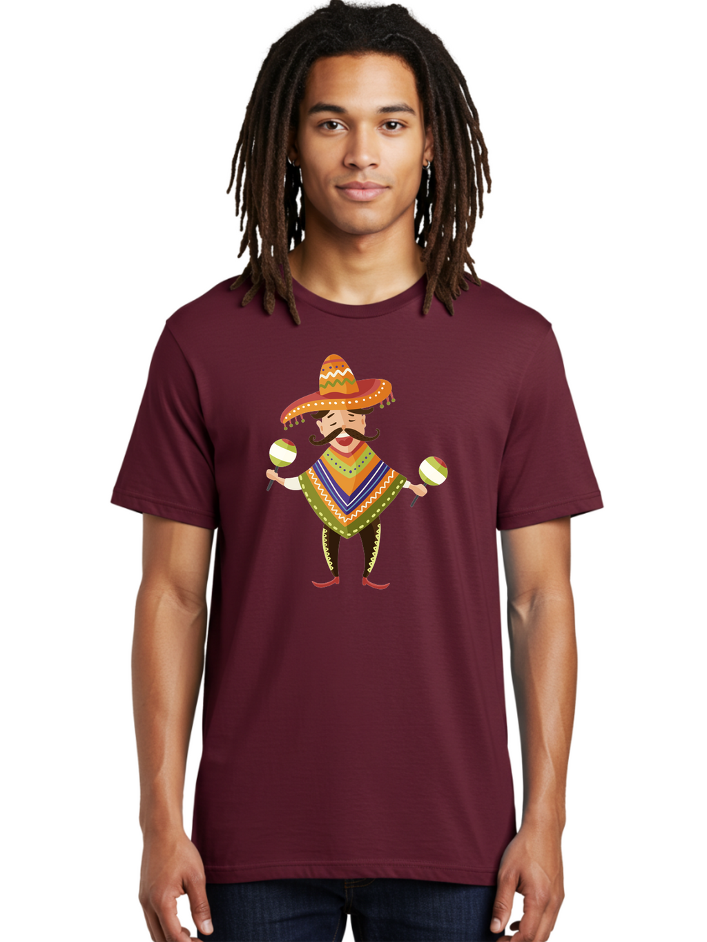 Mexican-Man-With-Maracas Men'S Graphic Tee, 100% Cotton, Comfortable Casual Summer Wear, Machine Washable, Mariachi Man, Traditional Mexican Clothing, Colorful Poncho, Sombrero Hat, Maracas, Festive Atmosphere, Cultural Heritage, Lively Music, Aad723