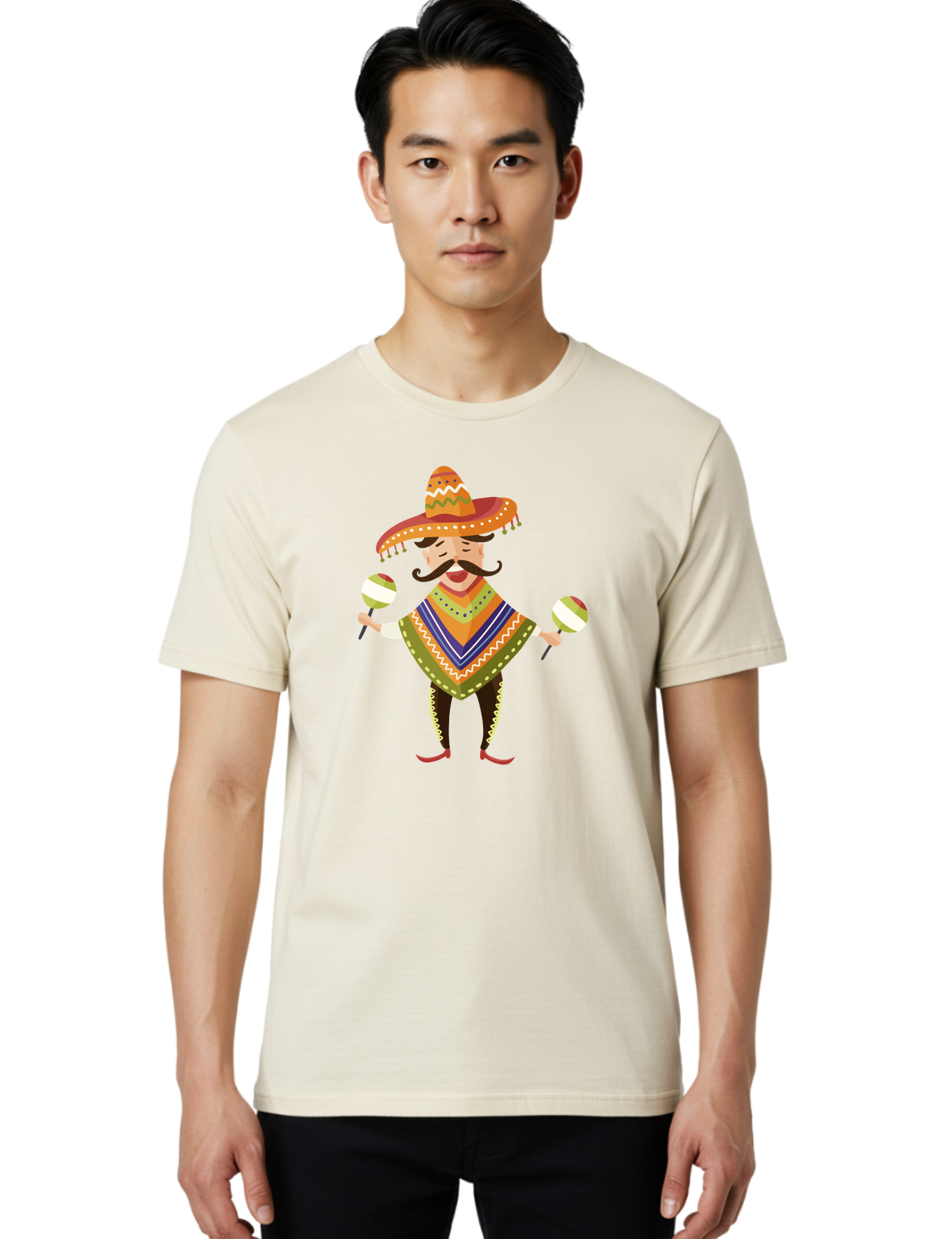 Mexican-Man-With-Maracas Men'S Graphic Tee, 100% Cotton, Comfortable Casual Summer Wear, Machine Washable, Mariachi Man, Traditional Mexican Clothing, Colorful Poncho, Sombrero Hat, Maracas, Festive Atmosphere, Cultural Heritage, Lively Music, Aad723