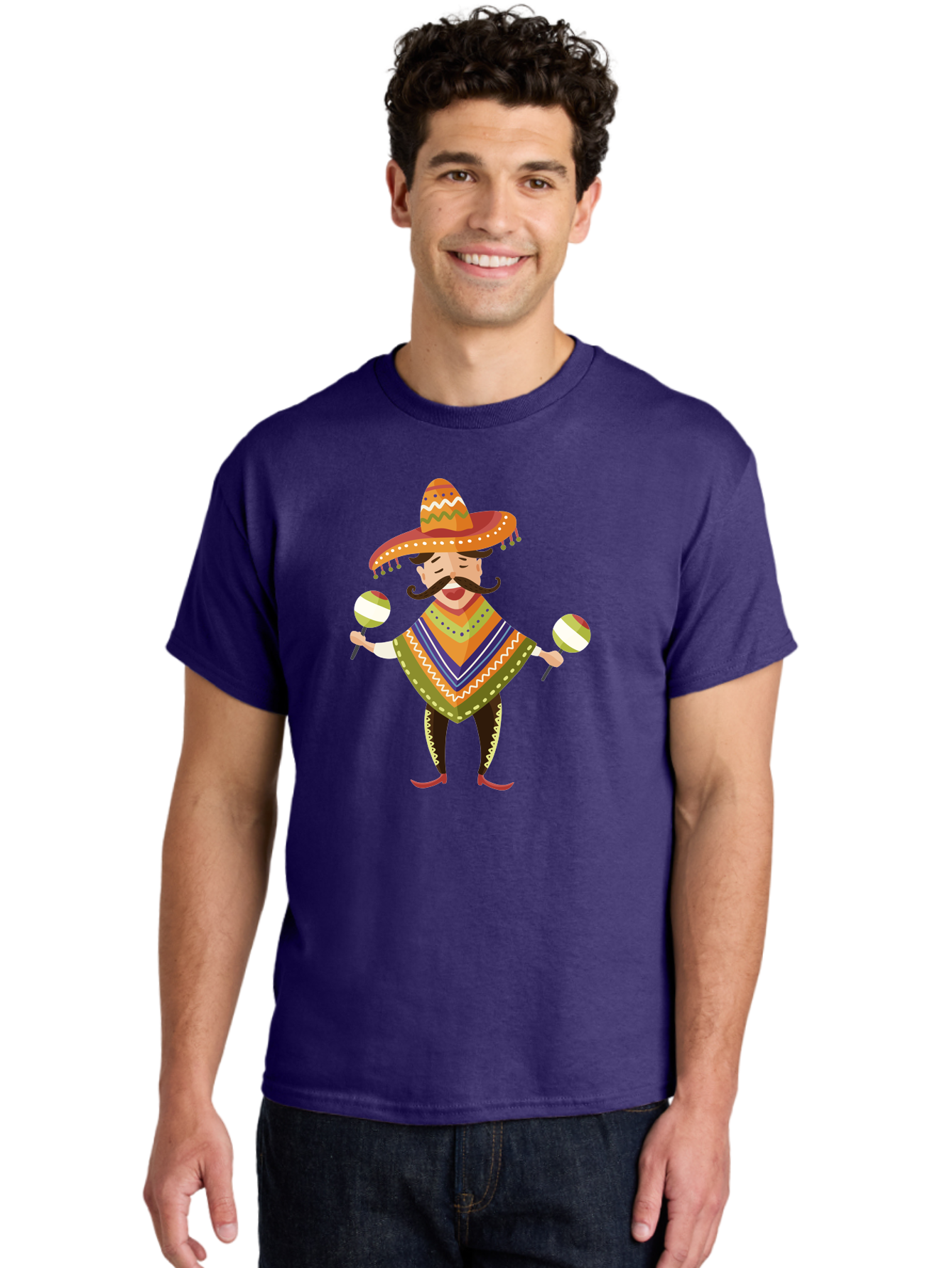 Mexican-Man-With-Maracas Men'S Graphic Tee, 100% Cotton, Comfortable Casual Summer Wear, Machine Washable, Mariachi Man, Traditional Mexican Clothing, Colorful Poncho, Sombrero Hat, Maracas, Festive Atmosphere, Cultural Heritage, Lively Music, Aad723