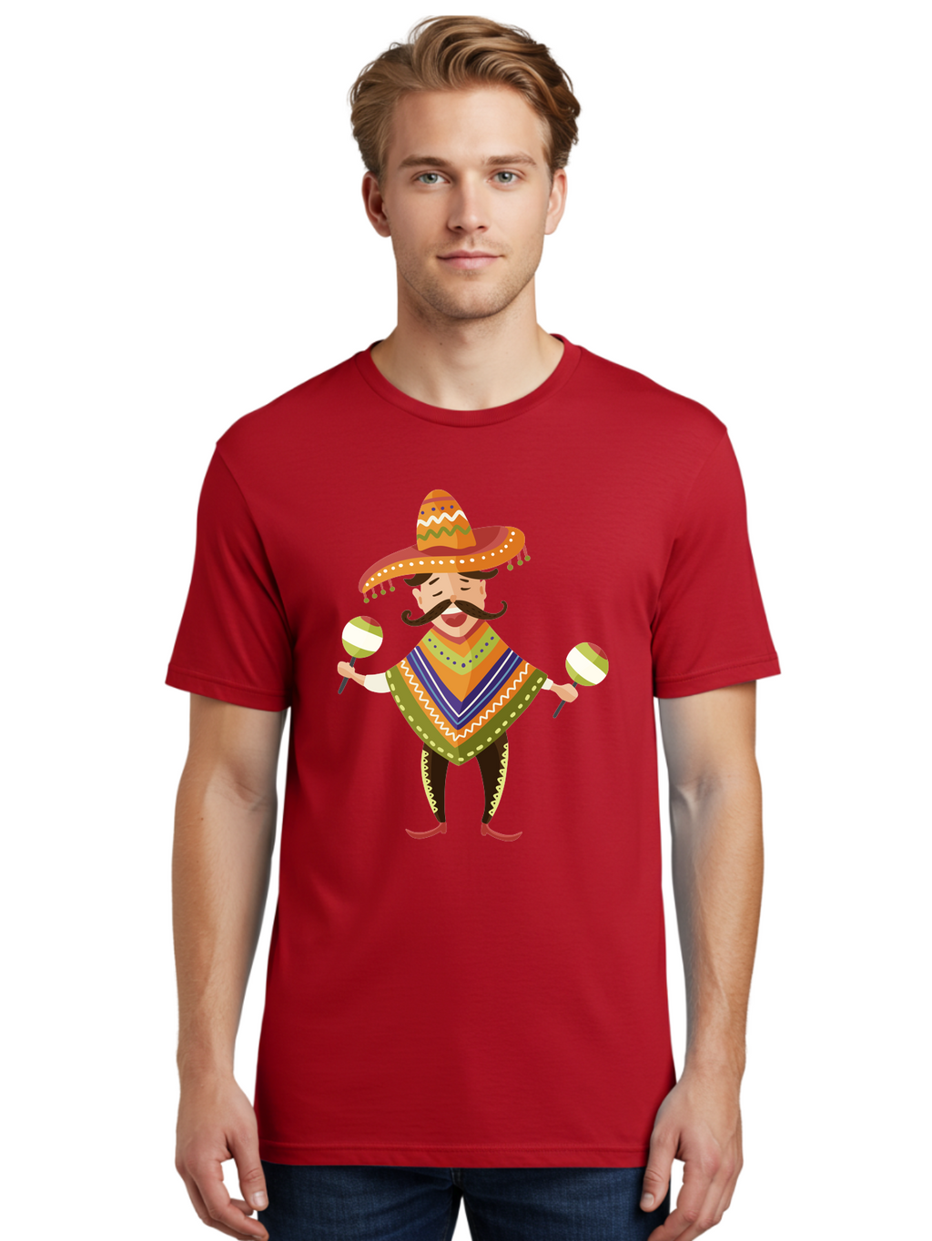 Mexican-Man-With-Maracas Men'S Graphic Tee, 100% Cotton, Comfortable Casual Summer Wear, Machine Washable, Mariachi Man, Traditional Mexican Clothing, Colorful Poncho, Sombrero Hat, Maracas, Festive Atmosphere, Cultural Heritage, Lively Music, Aad723