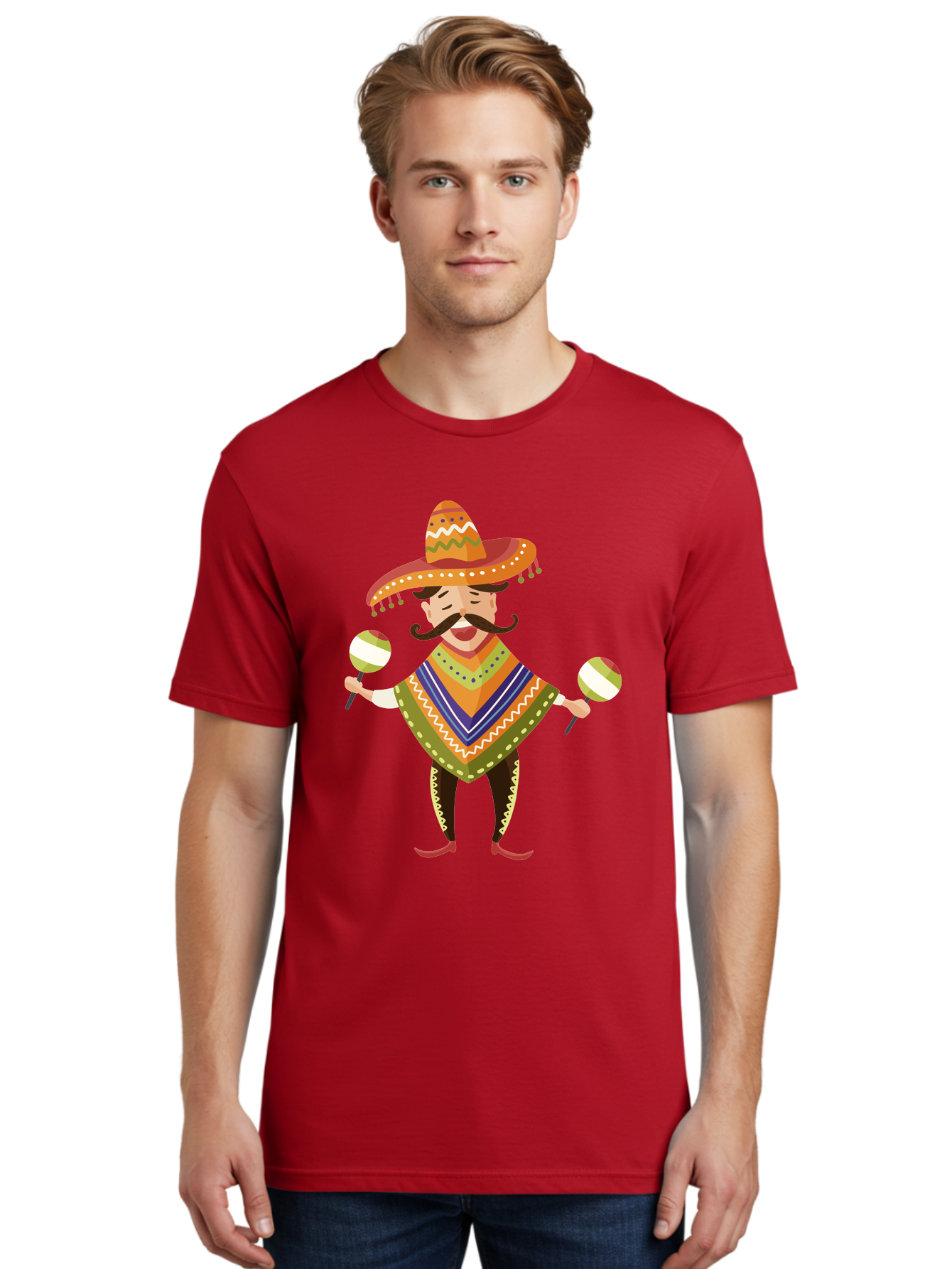 Mexican-Man-With-Maracas Men'S Graphic Tee, 100% Cotton, Comfortable Casual Summer Wear, Machine Washable, Mariachi Man, Traditional Mexican Clothing, Colorful Poncho, Sombrero Hat, Maracas, Festive Atmosphere, Cultural Heritage, Lively Music, Aad723