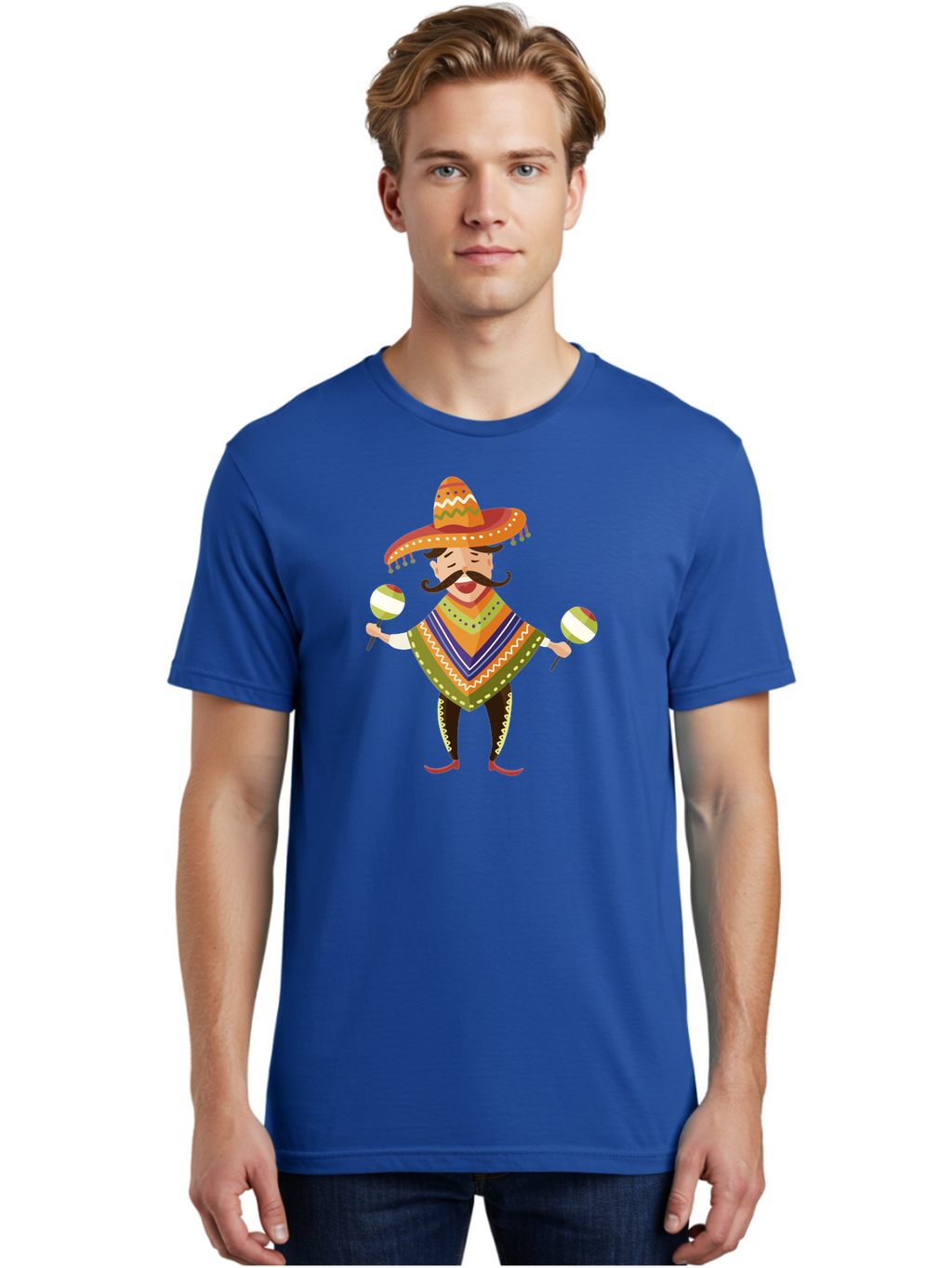 Mexican-Man-With-Maracas Men'S Graphic Tee, 100% Cotton, Comfortable Casual Summer Wear, Machine Washable, Mariachi Man, Traditional Mexican Clothing, Colorful Poncho, Sombrero Hat, Maracas, Festive Atmosphere, Cultural Heritage, Lively Music, Aad723
