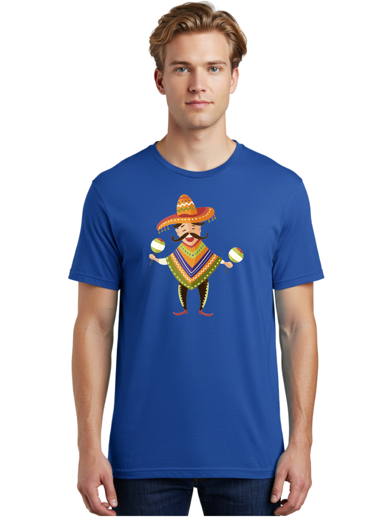 Mexican-Man-With-Maracas Men'S Graphic Tee, 100% Cotton, Comfortable Casual Summer Wear, Machine Washable, Mariachi Man, Traditional Mexican Clothing, Colorful Poncho, Sombrero Hat, Maracas, Festive Atmosphere, Cultural Heritage, Lively Music, Aad723