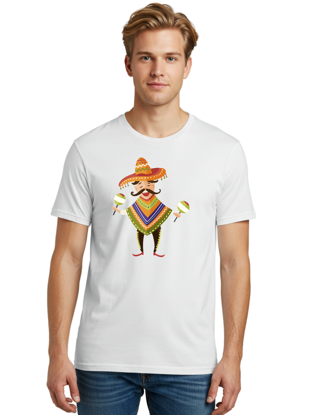 Mexican-Man-With-Maracas Men'S Graphic Tee, 100% Cotton, Comfortable Casual Summer Wear, Machine Washable, Mariachi Man, Traditional Mexican Clothing, Colorful Poncho, Sombrero Hat, Maracas, Festive Atmosphere, Cultural Heritage, Lively Music, Aad723