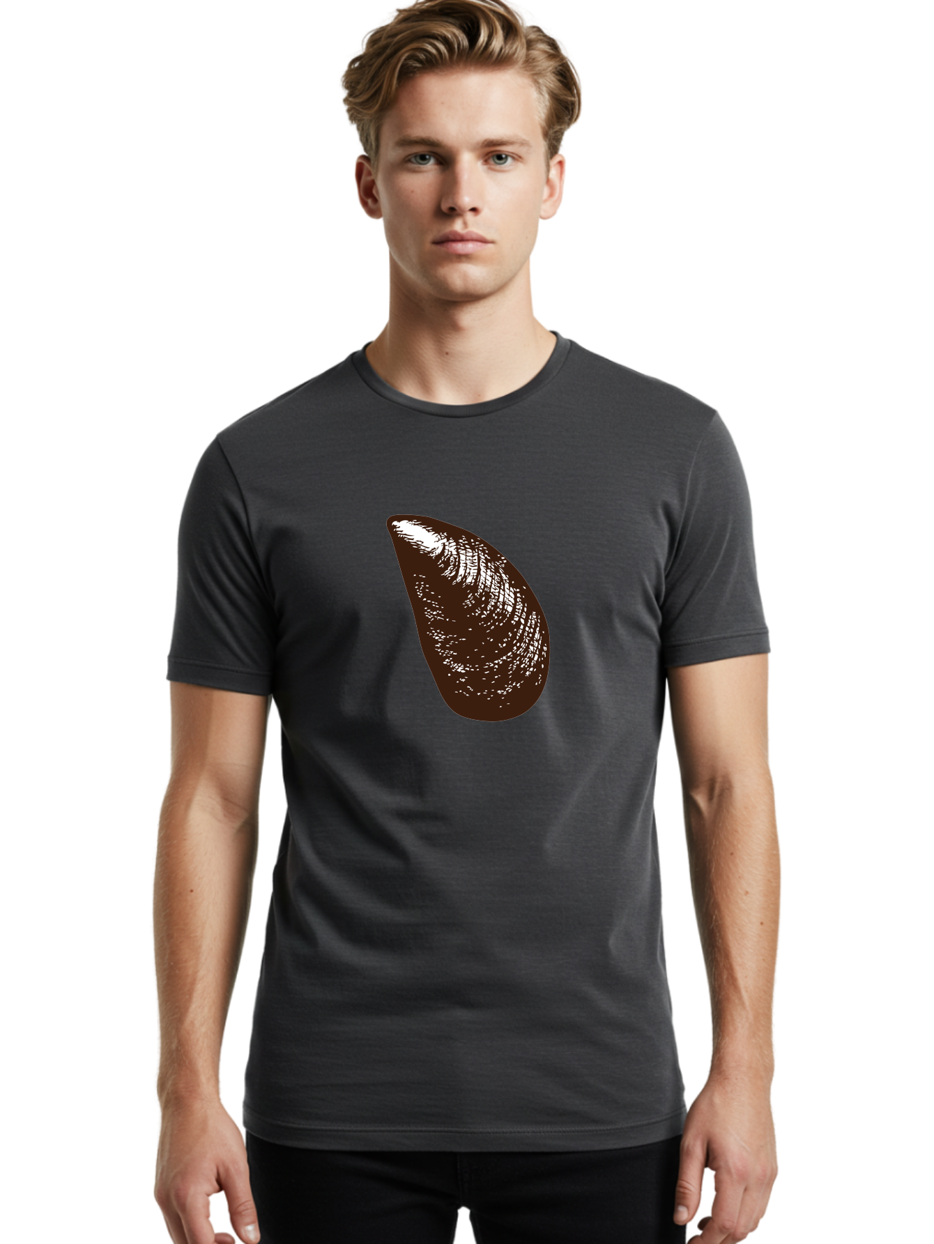 Mussel Men'S Graphic Tee, 100% Cotton, Comfortable Casual Summer Wear, Machine Washable, Mussel Shell, Seafood, Ocean Delicacy, Dark Brown Shell, White Highlights, Textured Surface, Marine Life, Culinary Delight Aad724
