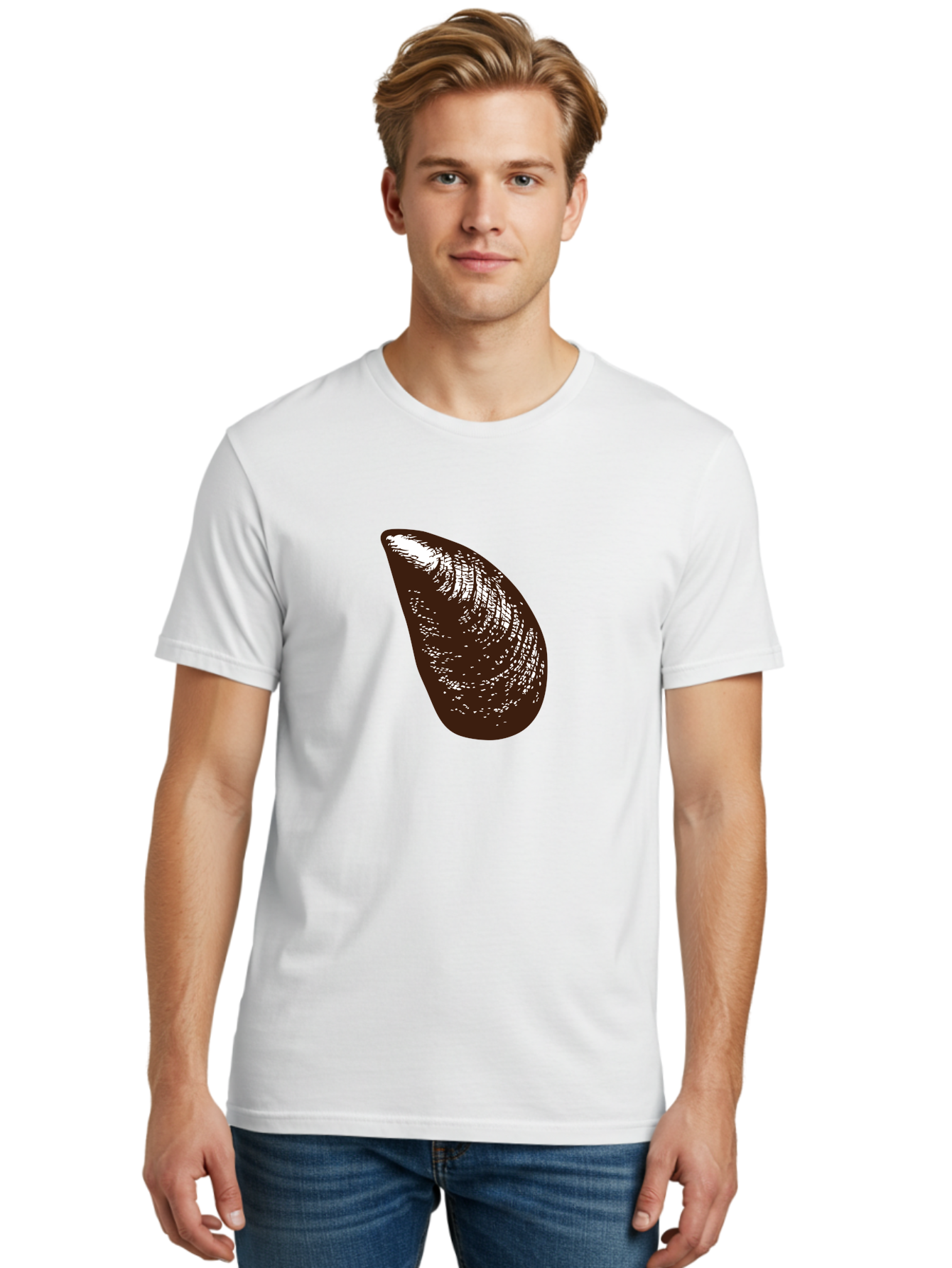 Mussel Men'S Graphic Tee, 100% Cotton, Comfortable Casual Summer Wear, Machine Washable, Mussel Shell, Seafood, Ocean Delicacy, Dark Brown Shell, White Highlights, Textured Surface, Marine Life, Culinary Delight Aad724