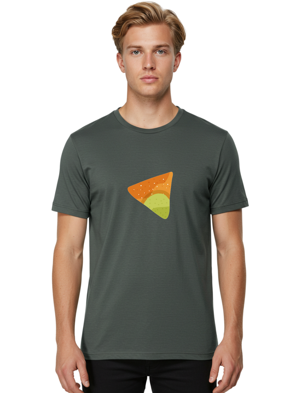 Nacho-Chip Men'S Graphic Tee, 100% Cotton, Comfortable Casual Summer Wear, Machine Washable, Nacho Chip, Tortilla Chip, Snack Food, Orange Color, White Dots, Layered Design, Tasty Treat, Crunchy Snack, Savory Delight Aad725