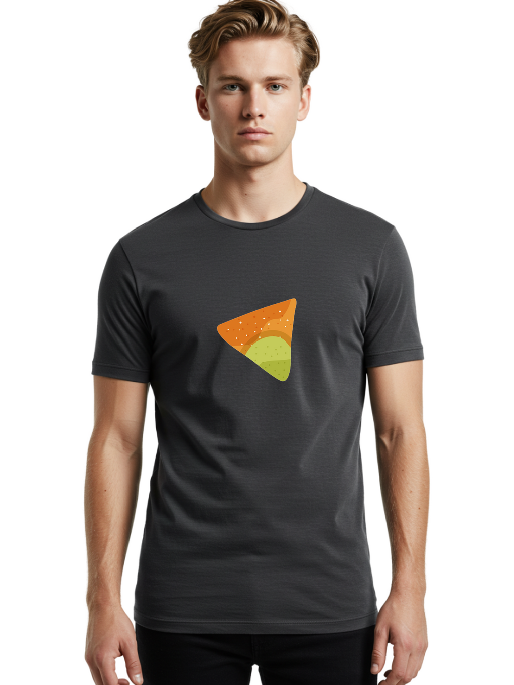 Nacho-Chip Men'S Graphic Tee, 100% Cotton, Comfortable Casual Summer Wear, Machine Washable, Nacho Chip, Tortilla Chip, Snack Food, Orange Color, White Dots, Layered Design, Tasty Treat, Crunchy Snack, Savory Delight Aad725