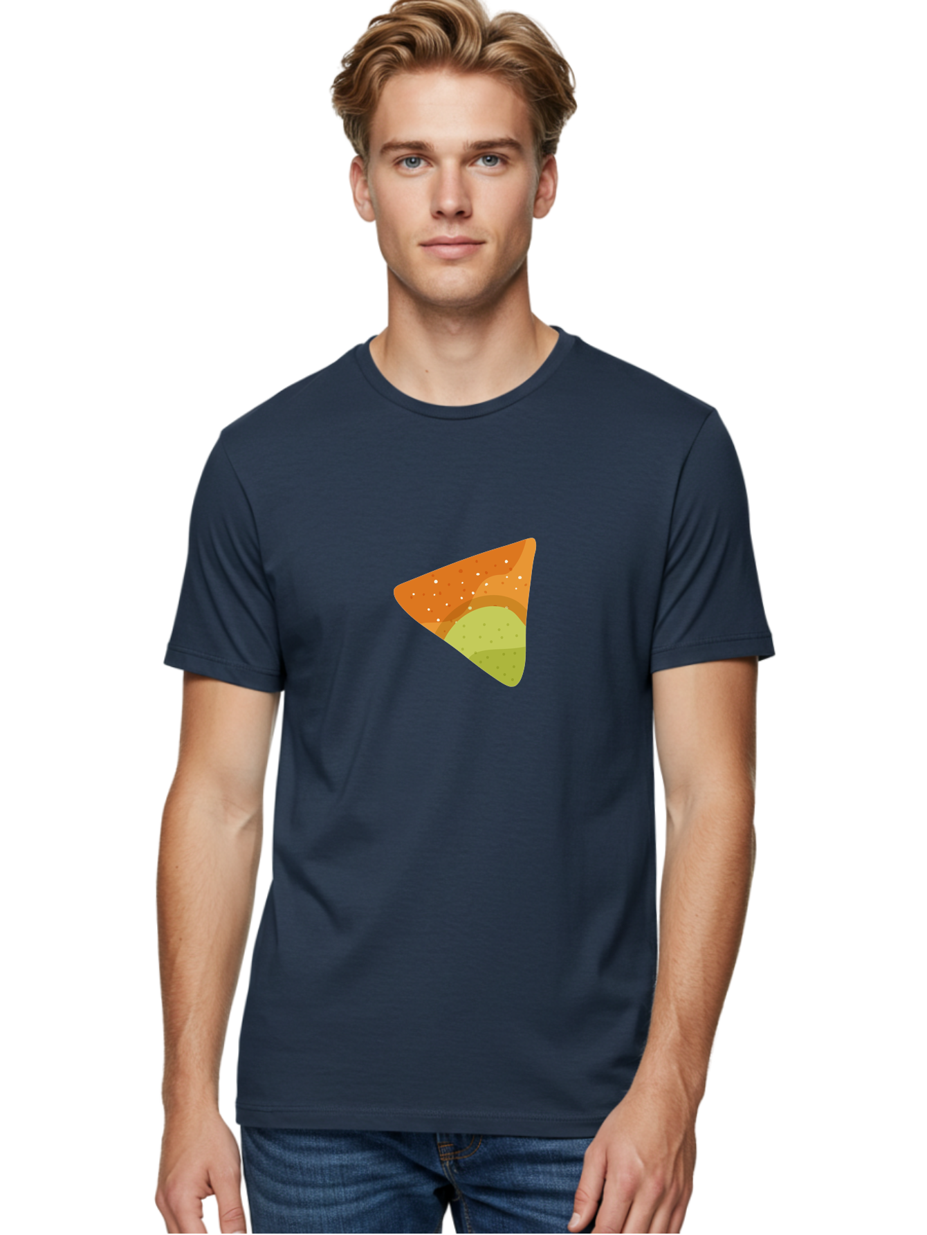 Nacho-Chip Men'S Graphic Tee, 100% Cotton, Comfortable Casual Summer Wear, Machine Washable, Nacho Chip, Tortilla Chip, Snack Food, Orange Color, White Dots, Layered Design, Tasty Treat, Crunchy Snack, Savory Delight Aad725