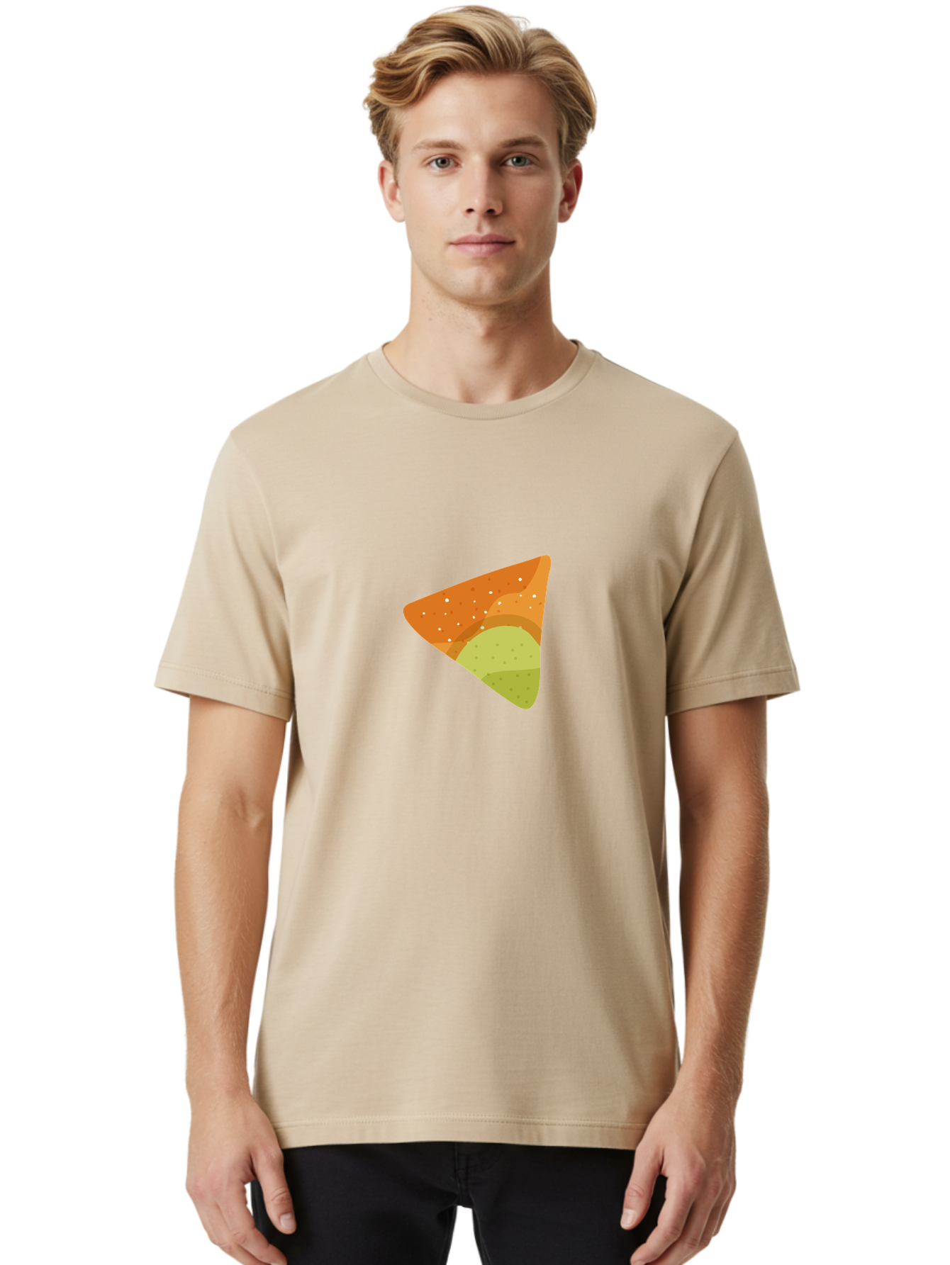 Nacho-Chip Men'S Graphic Tee, 100% Cotton, Comfortable Casual Summer Wear, Machine Washable, Nacho Chip, Tortilla Chip, Snack Food, Orange Color, White Dots, Layered Design, Tasty Treat, Crunchy Snack, Savory Delight Aad725