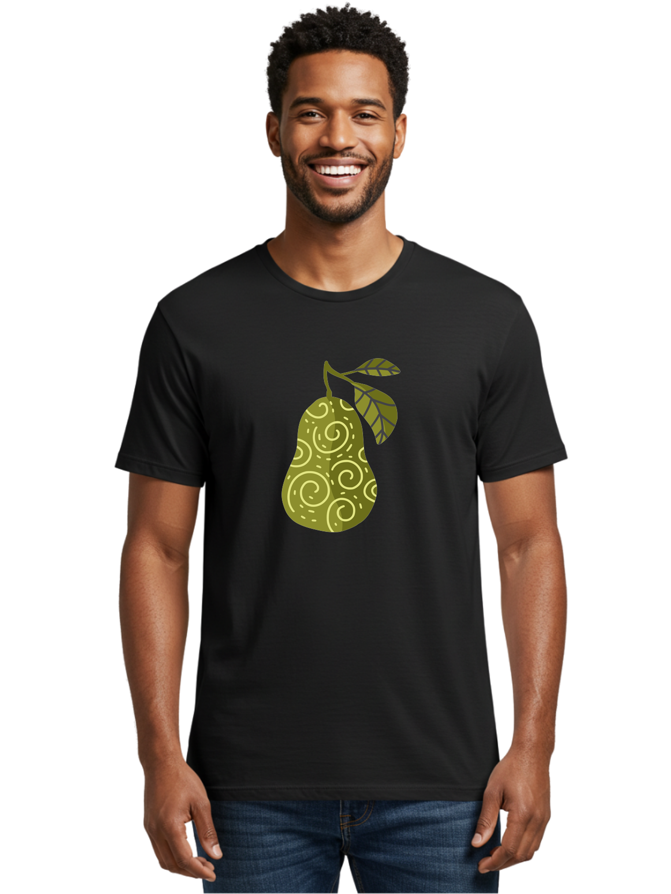 Pear-With-Leaves Men'S Graphic Tee, 100% Cotton, Comfortable Casual Summer Wear, Machine Washable, Pear Fruit, Swirly Patterns, Green Leaves, Fruit Icon, Food Illustration, Healthy Eating, Abstract Design, Stylized Pear Aad731