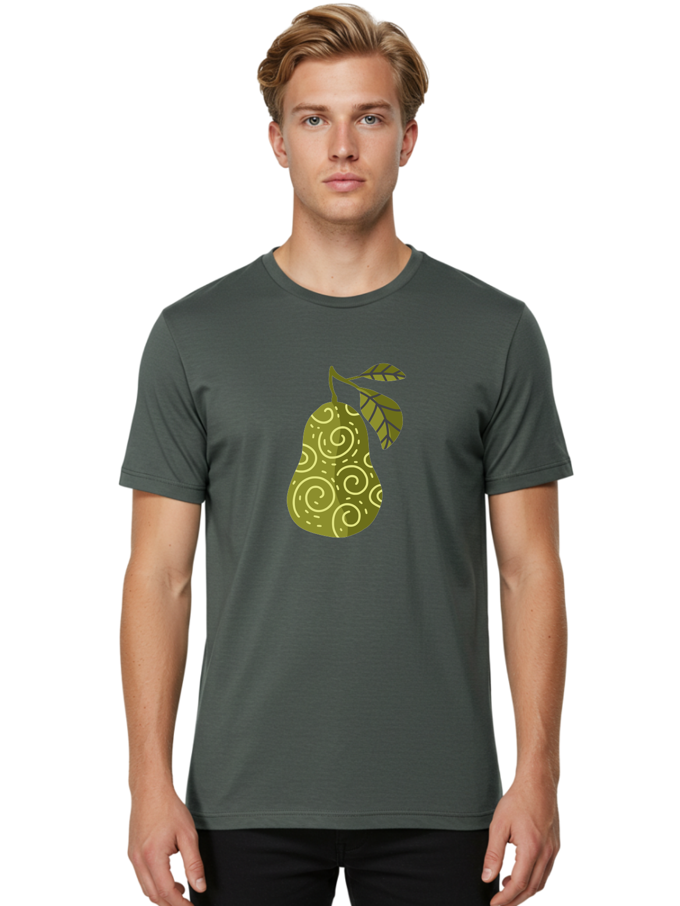 Pear-With-Leaves Men'S Graphic Tee, 100% Cotton, Comfortable Casual Summer Wear, Machine Washable, Pear Fruit, Swirly Patterns, Green Leaves, Fruit Icon, Food Illustration, Healthy Eating, Abstract Design, Stylized Pear Aad731