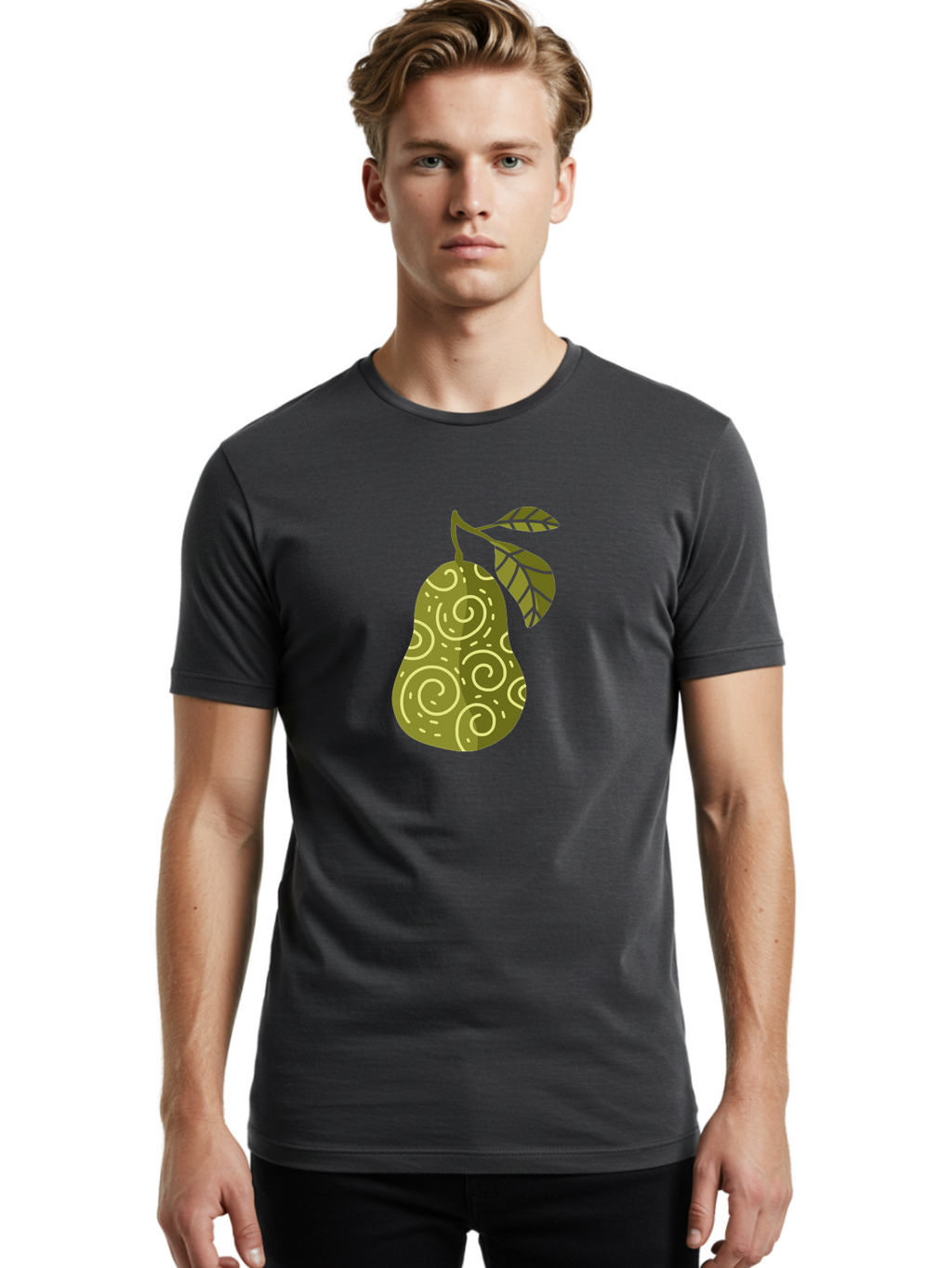 Pear-With-Leaves Men'S Graphic Tee, 100% Cotton, Comfortable Casual Summer Wear, Machine Washable, Pear Fruit, Swirly Patterns, Green Leaves, Fruit Icon, Food Illustration, Healthy Eating, Abstract Design, Stylized Pear Aad731