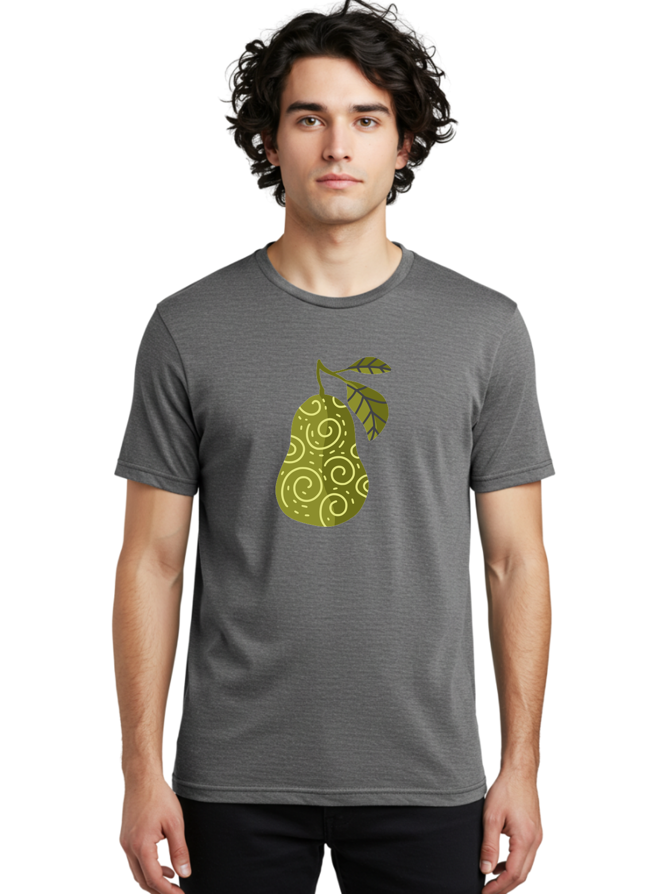 Pear-With-Leaves Men'S Graphic Tee, 100% Cotton, Comfortable Casual Summer Wear, Machine Washable, Pear Fruit, Swirly Patterns, Green Leaves, Fruit Icon, Food Illustration, Healthy Eating, Abstract Design, Stylized Pear Aad731