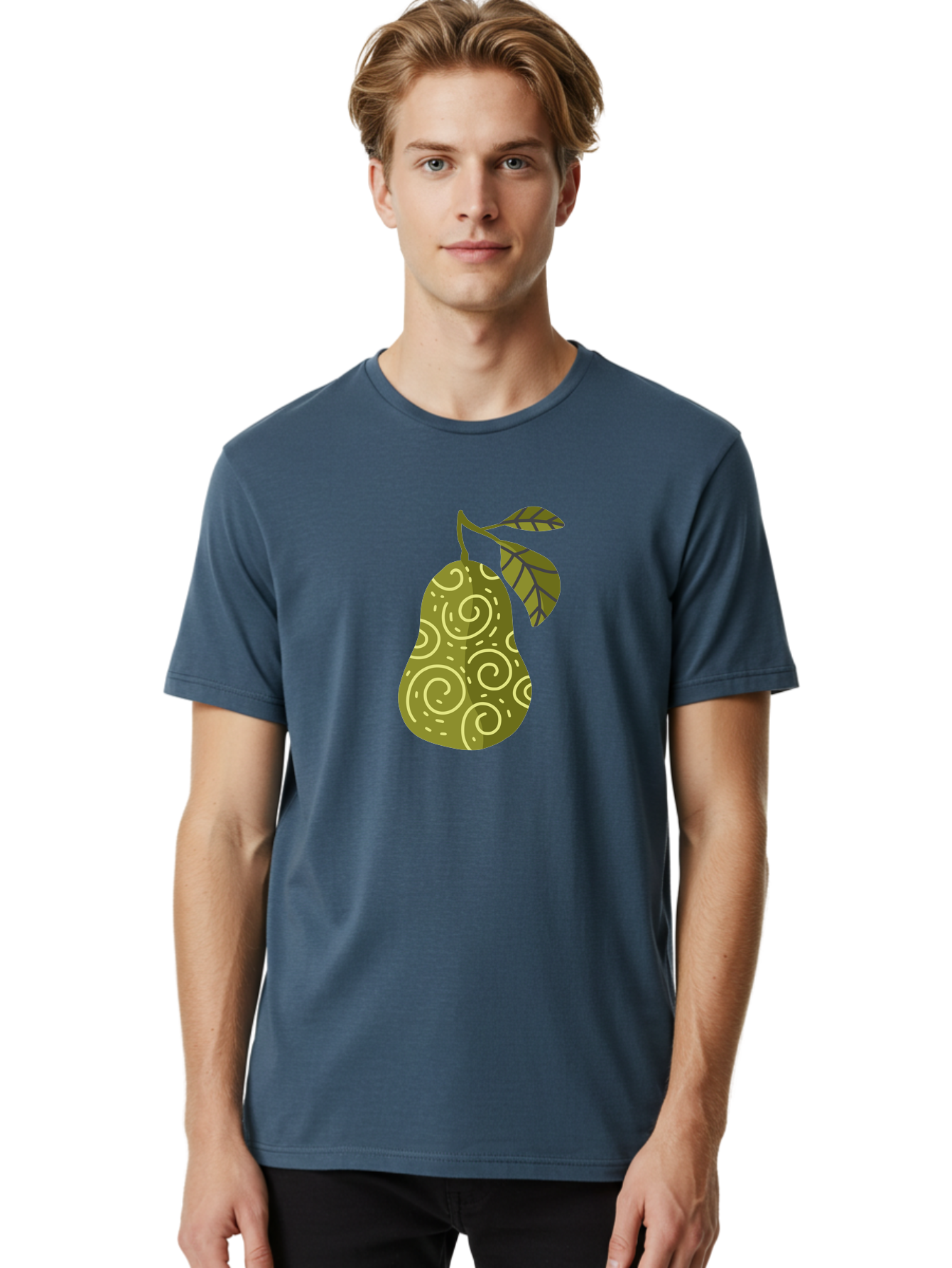 Pear-With-Leaves Men'S Graphic Tee, 100% Cotton, Comfortable Casual Summer Wear, Machine Washable, Pear Fruit, Swirly Patterns, Green Leaves, Fruit Icon, Food Illustration, Healthy Eating, Abstract Design, Stylized Pear Aad731