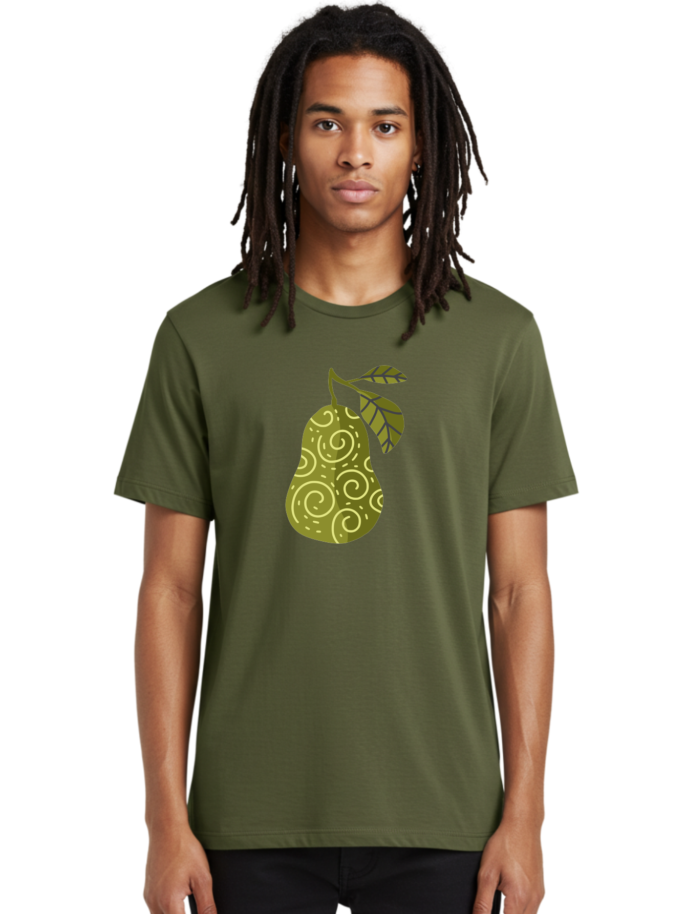 Pear-With-Leaves Men'S Graphic Tee, 100% Cotton, Comfortable Casual Summer Wear, Machine Washable, Pear Fruit, Swirly Patterns, Green Leaves, Fruit Icon, Food Illustration, Healthy Eating, Abstract Design, Stylized Pear Aad731