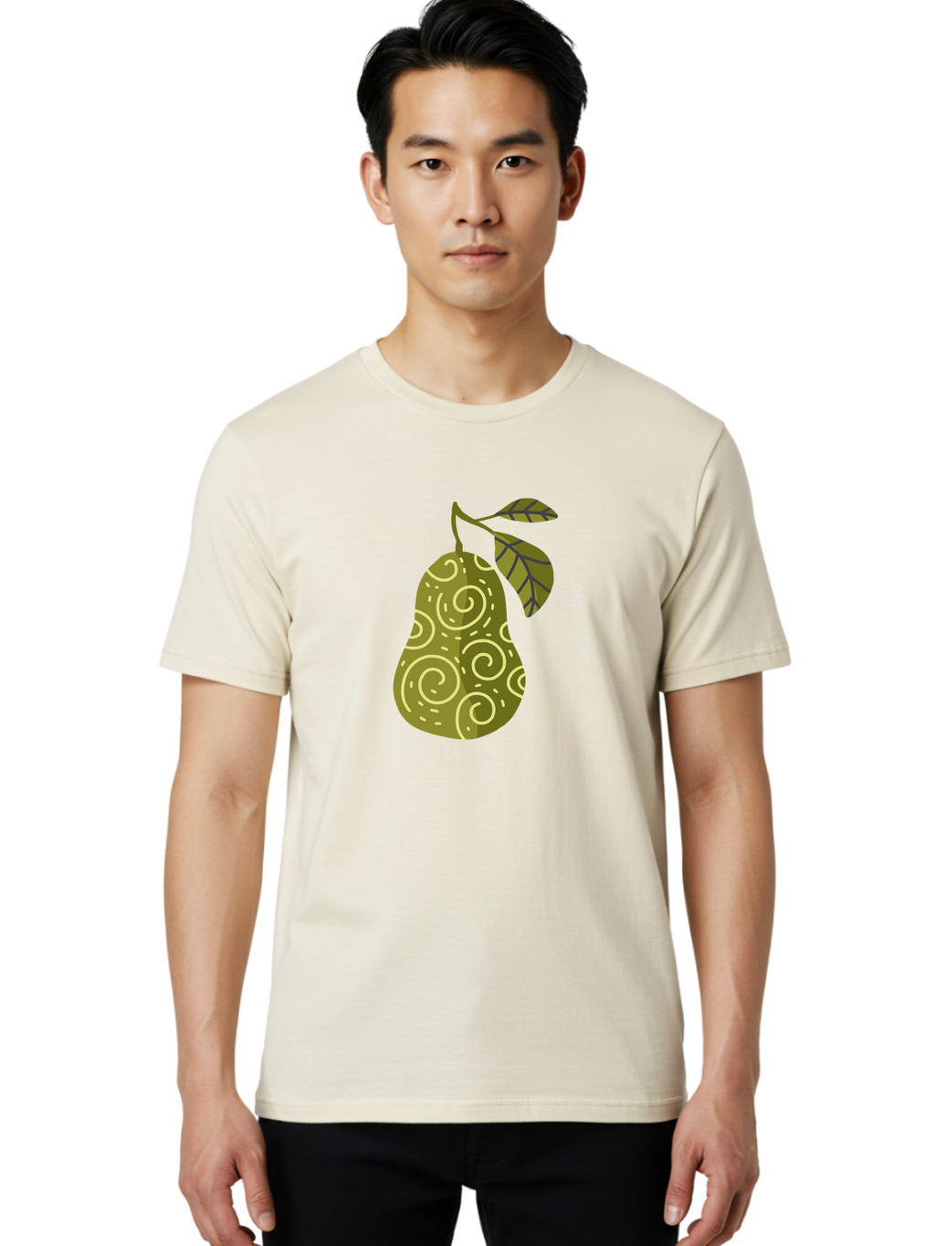 Pear-With-Leaves Men'S Graphic Tee, 100% Cotton, Comfortable Casual Summer Wear, Machine Washable, Pear Fruit, Swirly Patterns, Green Leaves, Fruit Icon, Food Illustration, Healthy Eating, Abstract Design, Stylized Pear Aad731