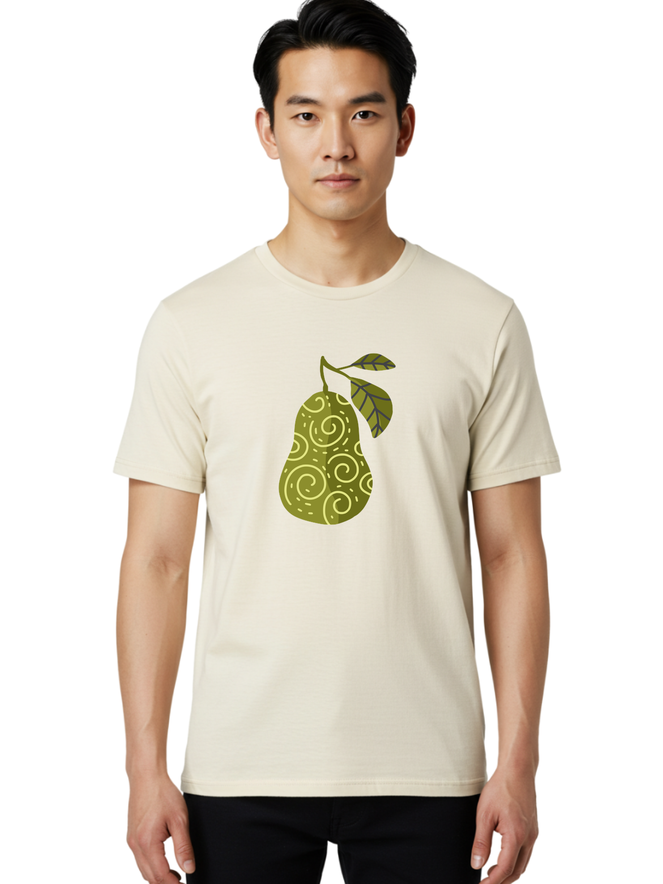 Pear-With-Leaves Men'S Graphic Tee, 100% Cotton, Comfortable Casual Summer Wear, Machine Washable, Pear Fruit, Swirly Patterns, Green Leaves, Fruit Icon, Food Illustration, Healthy Eating, Abstract Design, Stylized Pear Aad731