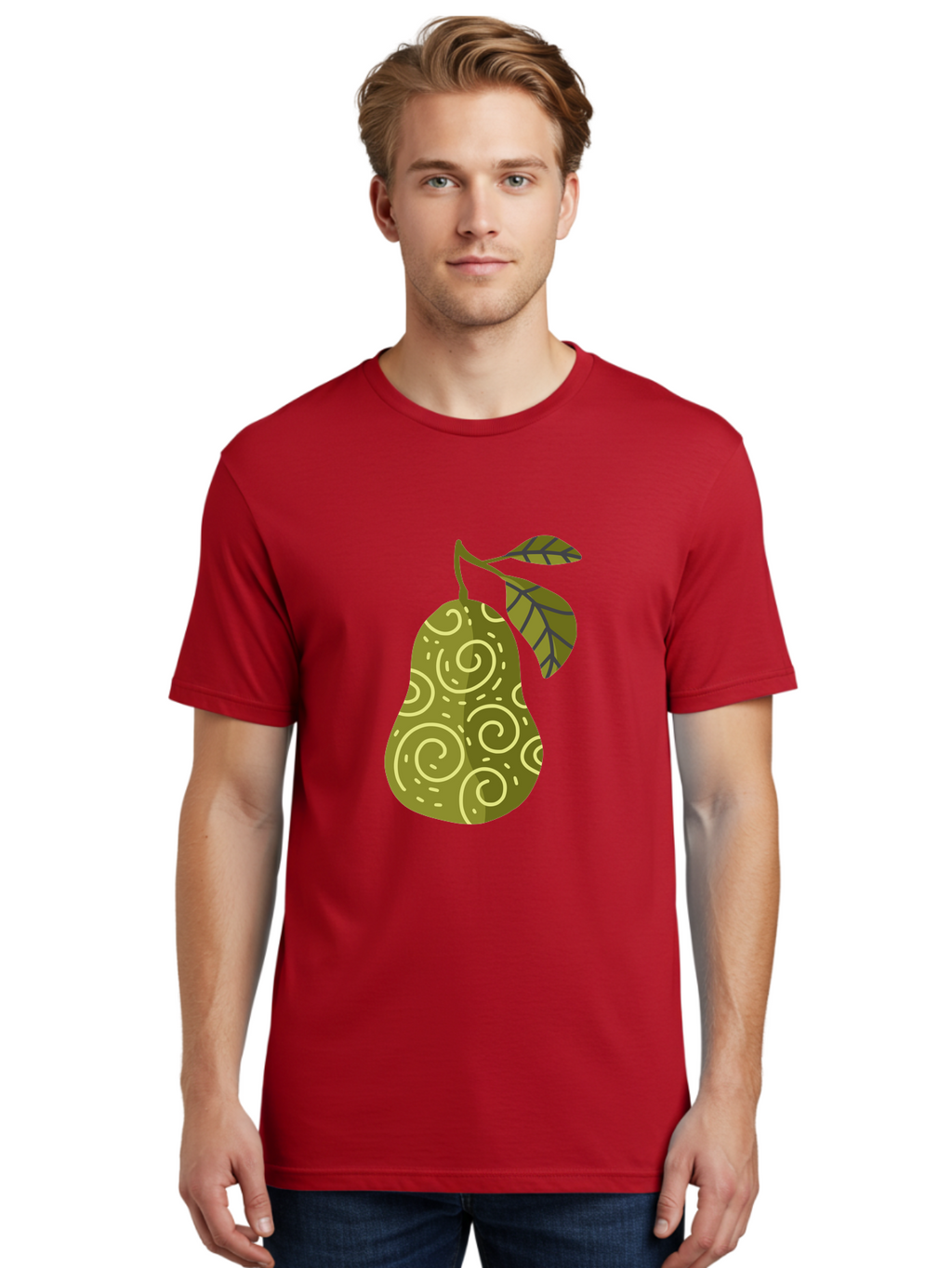 Pear-With-Leaves Men'S Graphic Tee, 100% Cotton, Comfortable Casual Summer Wear, Machine Washable, Pear Fruit, Swirly Patterns, Green Leaves, Fruit Icon, Food Illustration, Healthy Eating, Abstract Design, Stylized Pear Aad731