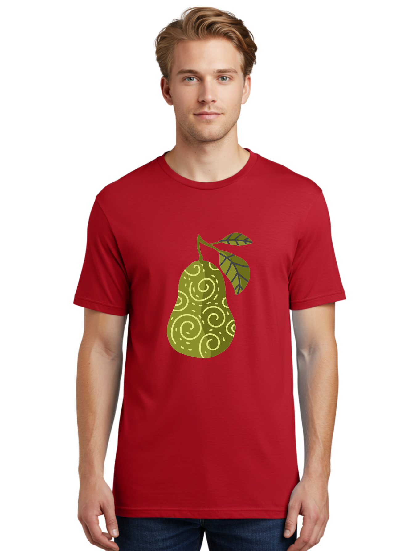 Pear-With-Leaves Men'S Graphic Tee, 100% Cotton, Comfortable Casual Summer Wear, Machine Washable, Pear Fruit, Swirly Patterns, Green Leaves, Fruit Icon, Food Illustration, Healthy Eating, Abstract Design, Stylized Pear Aad731