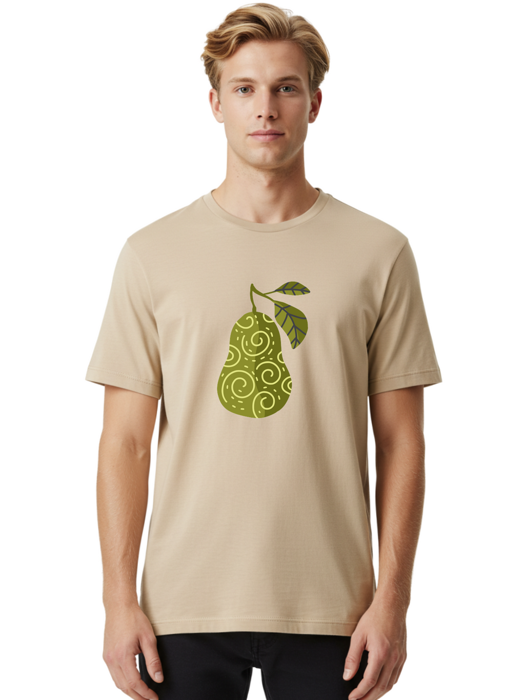 Pear-With-Leaves Men'S Graphic Tee, 100% Cotton, Comfortable Casual Summer Wear, Machine Washable, Pear Fruit, Swirly Patterns, Green Leaves, Fruit Icon, Food Illustration, Healthy Eating, Abstract Design, Stylized Pear Aad731
