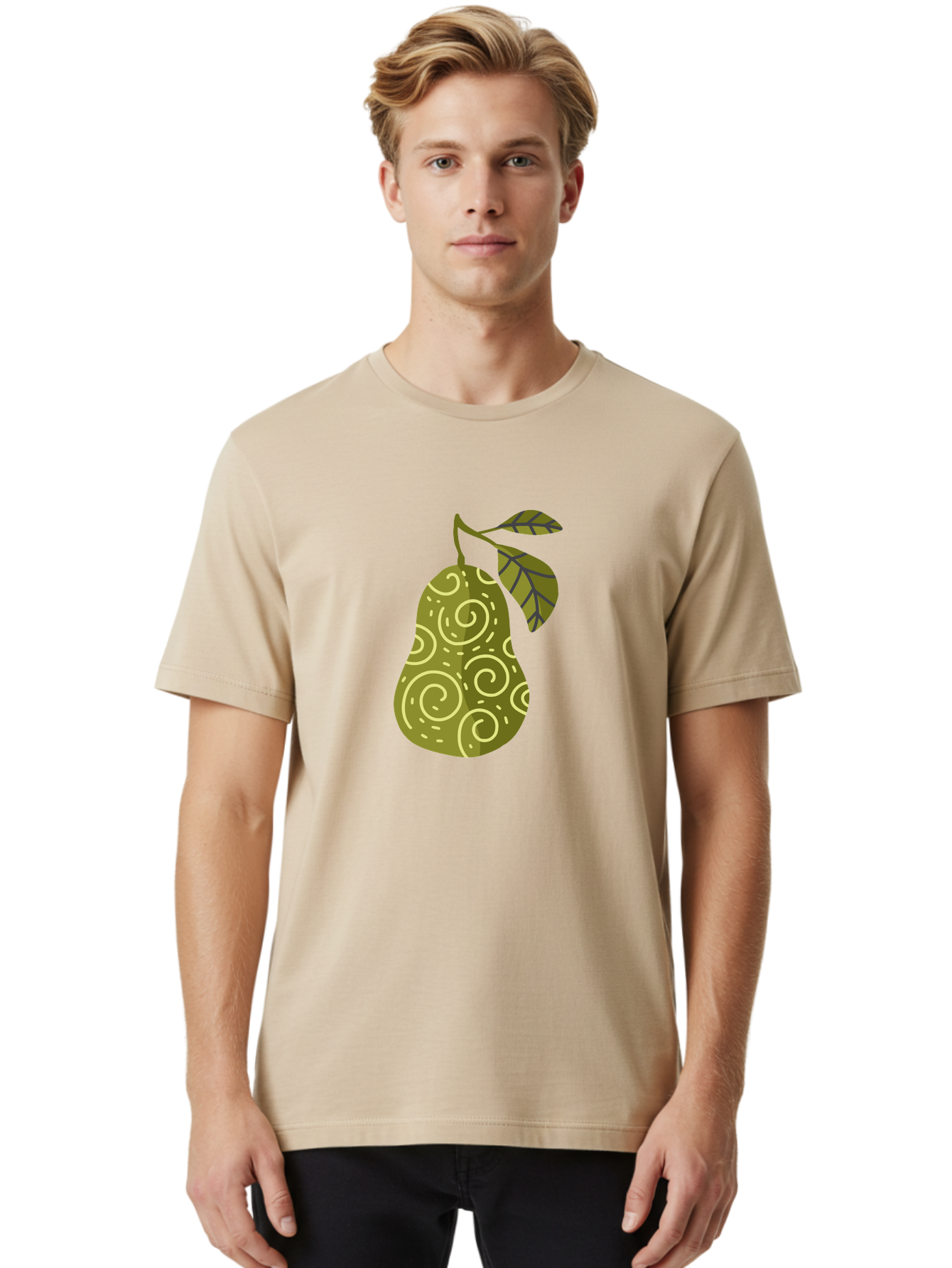 Pear-With-Leaves Men'S Graphic Tee, 100% Cotton, Comfortable Casual Summer Wear, Machine Washable, Pear Fruit, Swirly Patterns, Green Leaves, Fruit Icon, Food Illustration, Healthy Eating, Abstract Design, Stylized Pear Aad731