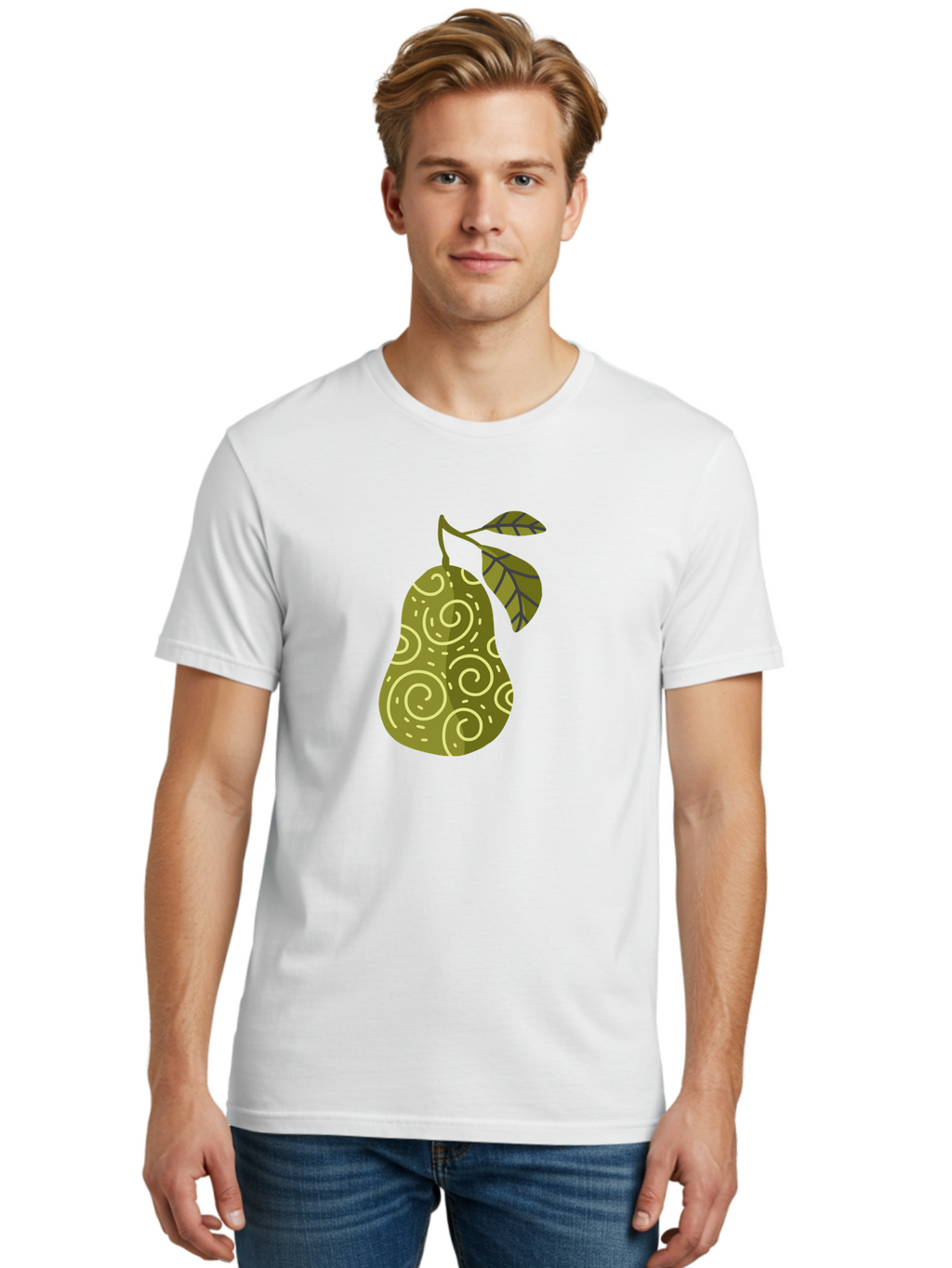 Pear-With-Leaves Men'S Graphic Tee, 100% Cotton, Comfortable Casual Summer Wear, Machine Washable, Pear Fruit, Swirly Patterns, Green Leaves, Fruit Icon, Food Illustration, Healthy Eating, Abstract Design, Stylized Pear Aad731