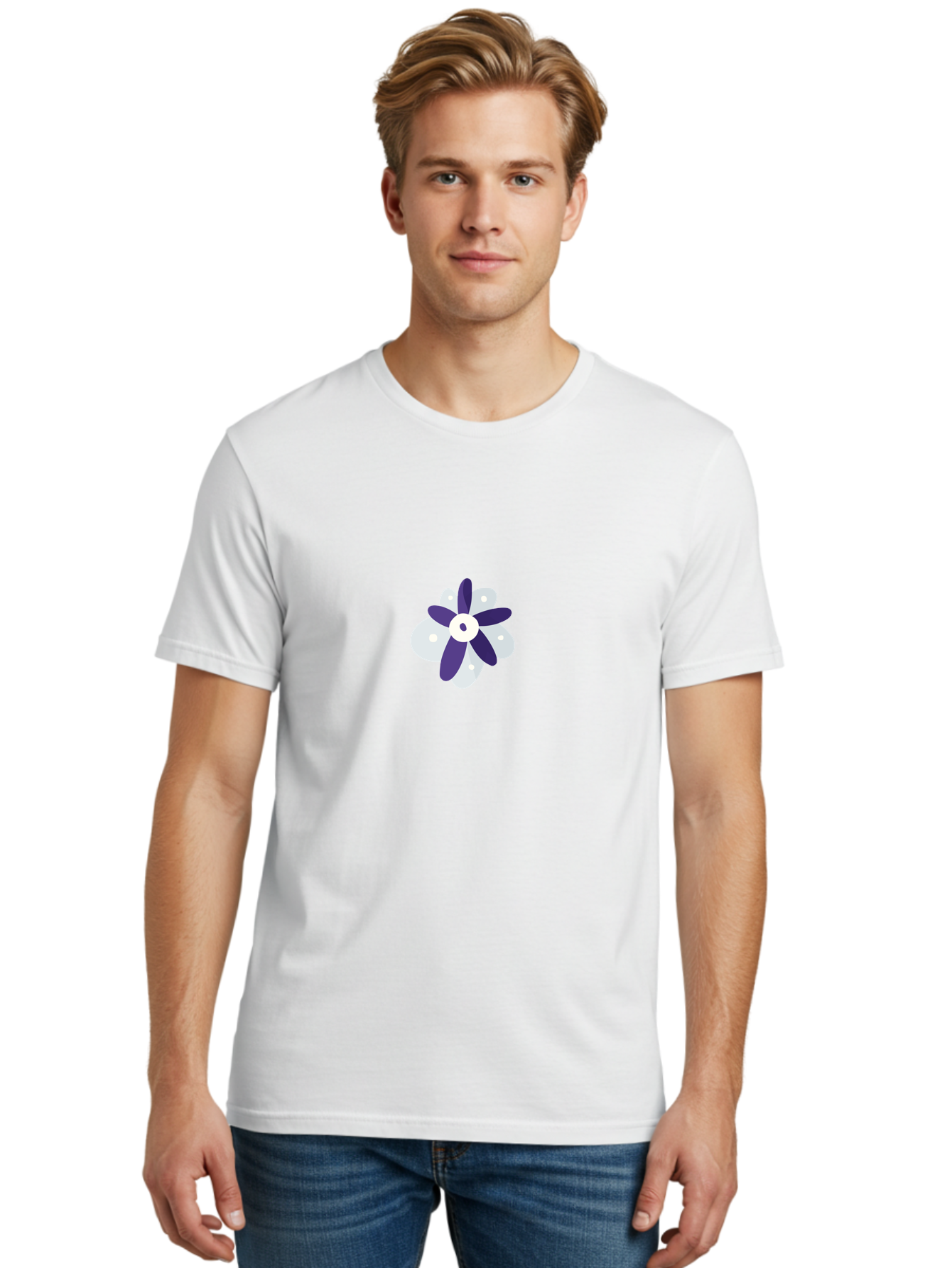 Purple-And-White-Flower Men'S Graphic Tee, 100% Cotton, Comfortable Casual Summer Wear, Machine Washable, White And Purple Flower, Cartoon Style, Simple Design, Floral Illustration, Digital Art, Creative Graphics Aad738
