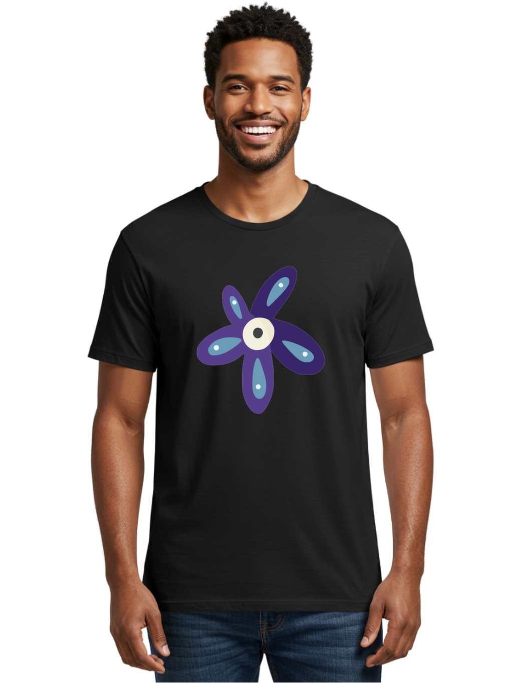 Purple-Flower Men'S Graphic Tee, 100% Cotton, Comfortable Casual Summer Wear, Machine Washable, Cartoon Flower, Purple Petals, Blue Accents, White And Black Eye, Digital Illustration, Creative Art, Whimsical Design, Graphic Element Aad739