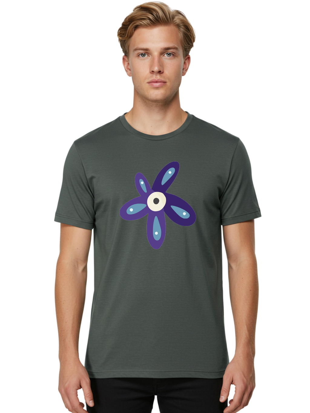 Purple-Flower Men'S Graphic Tee, 100% Cotton, Comfortable Casual Summer Wear, Machine Washable, Cartoon Flower, Purple Petals, Blue Accents, White And Black Eye, Digital Illustration, Creative Art, Whimsical Design, Graphic Element Aad739