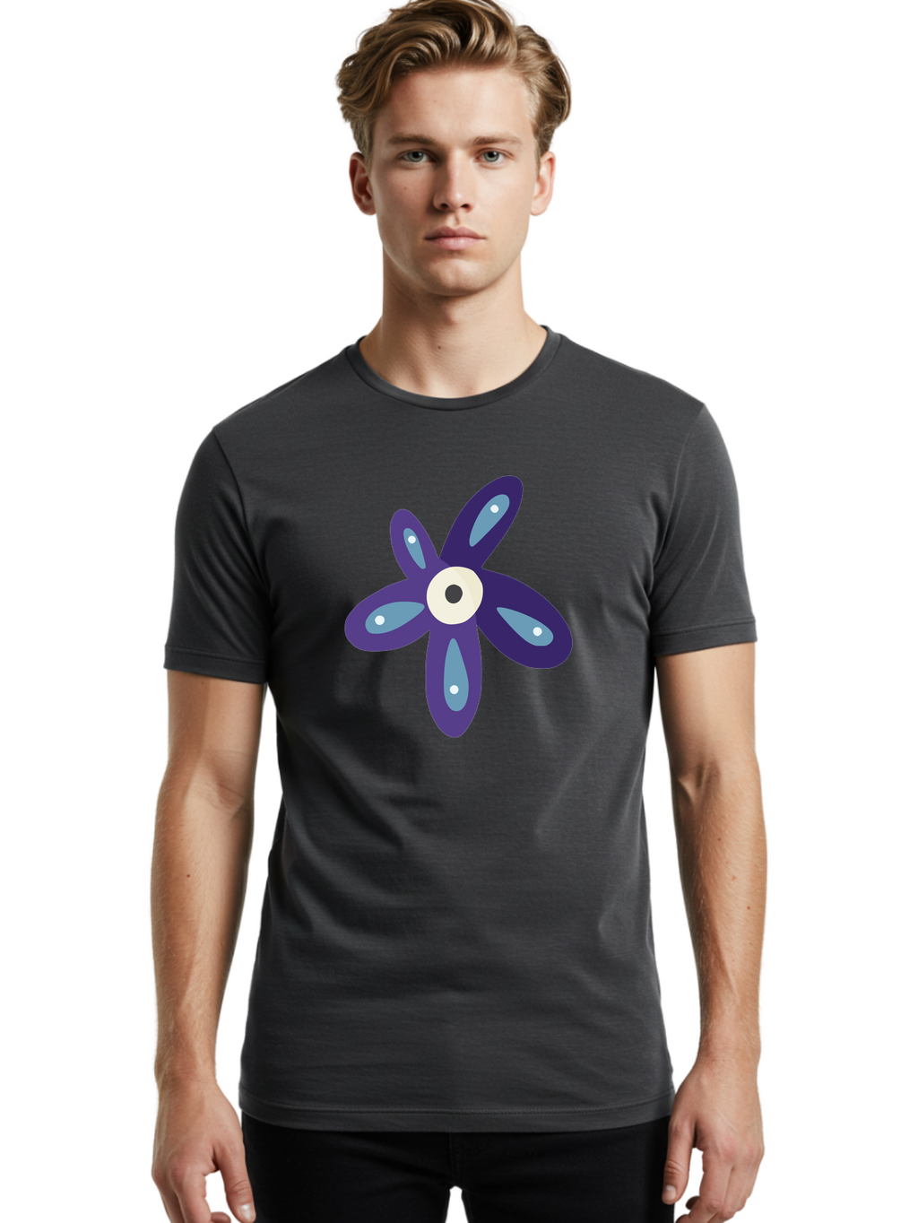 Purple-Flower Men'S Graphic Tee, 100% Cotton, Comfortable Casual Summer Wear, Machine Washable, Cartoon Flower, Purple Petals, Blue Accents, White And Black Eye, Digital Illustration, Creative Art, Whimsical Design, Graphic Element Aad739