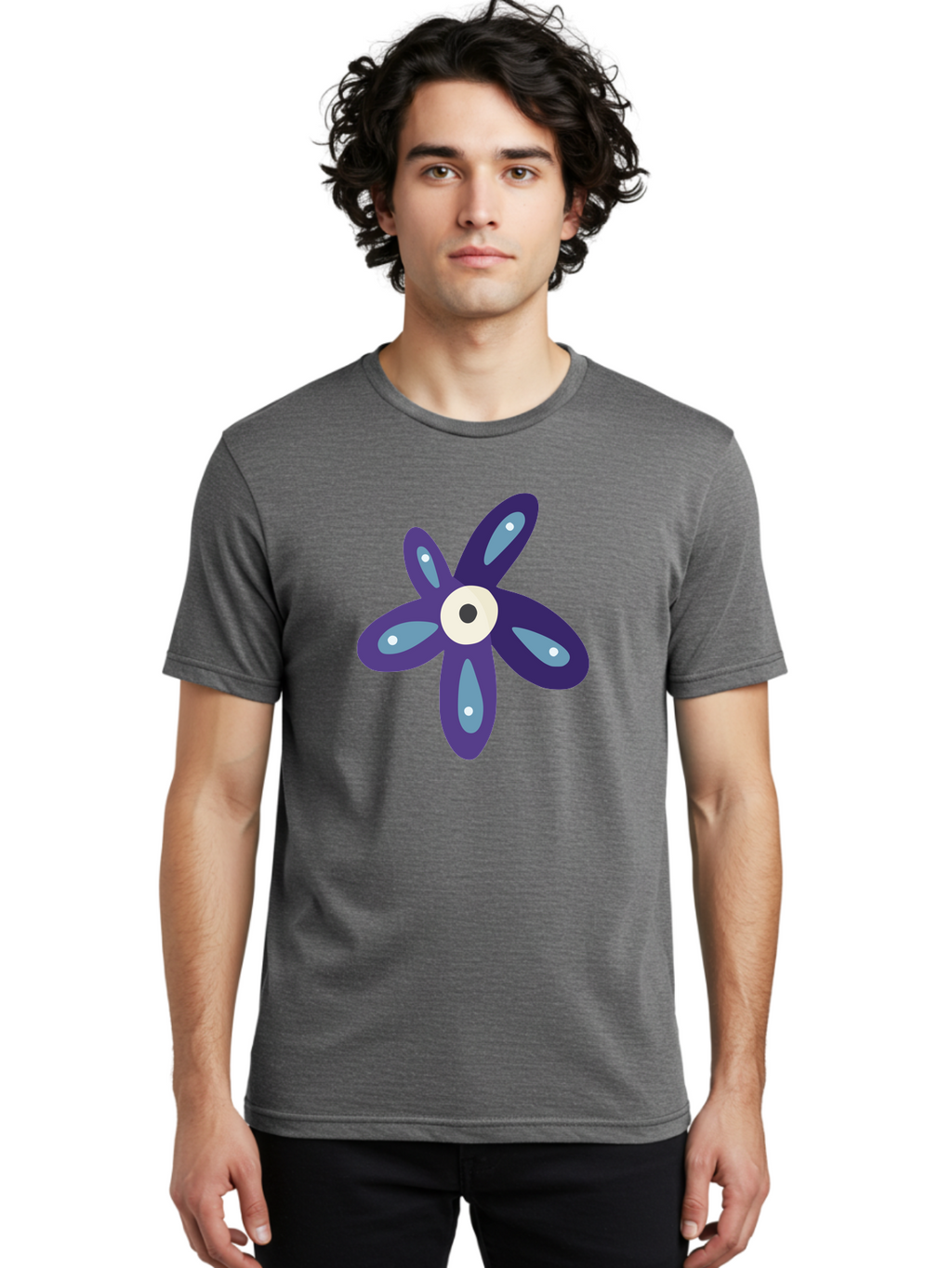 Purple-Flower Men'S Graphic Tee, 100% Cotton, Comfortable Casual Summer Wear, Machine Washable, Cartoon Flower, Purple Petals, Blue Accents, White And Black Eye, Digital Illustration, Creative Art, Whimsical Design, Graphic Element Aad739