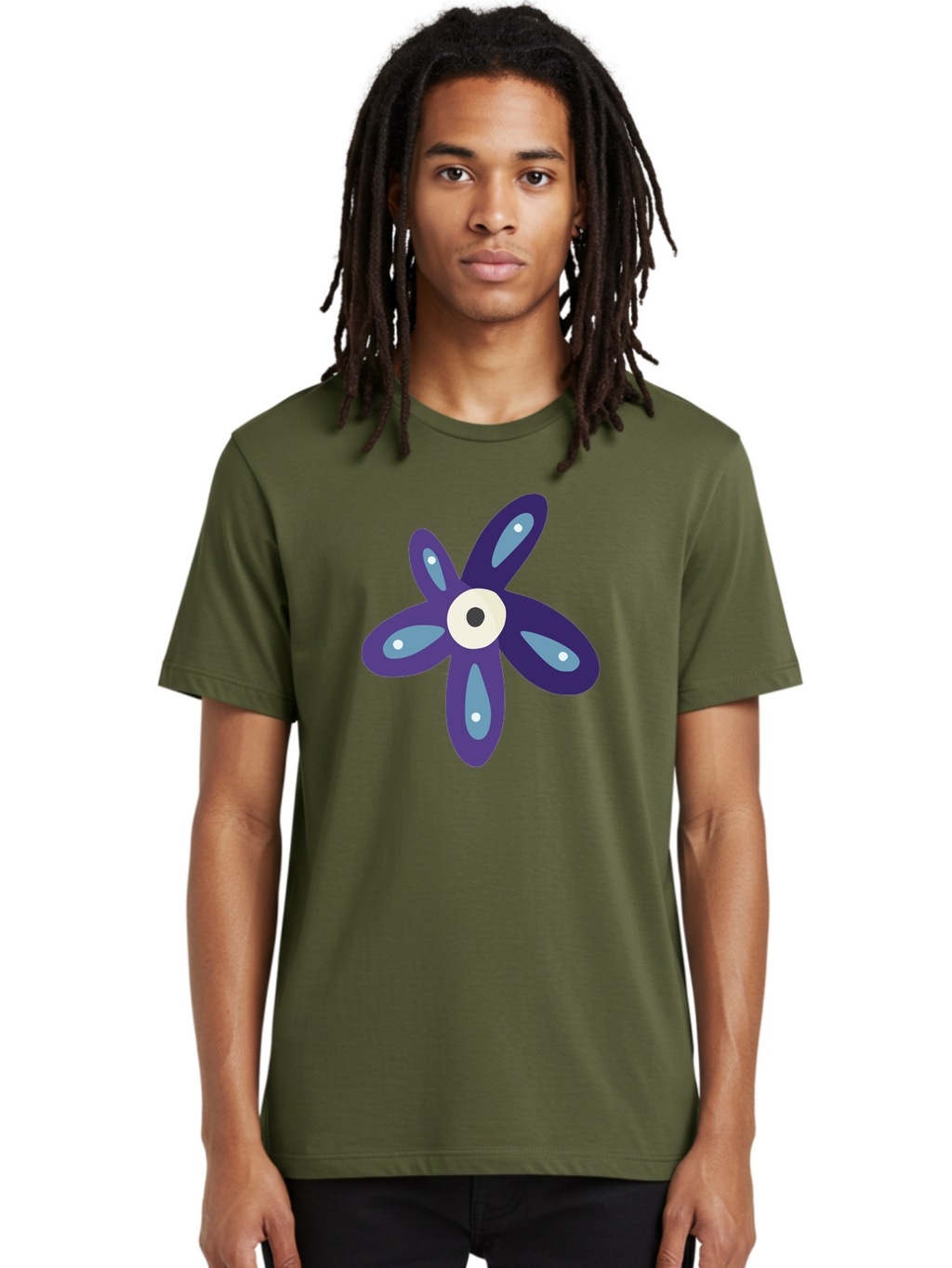 Purple-Flower Men'S Graphic Tee, 100% Cotton, Comfortable Casual Summer Wear, Machine Washable, Cartoon Flower, Purple Petals, Blue Accents, White And Black Eye, Digital Illustration, Creative Art, Whimsical Design, Graphic Element Aad739