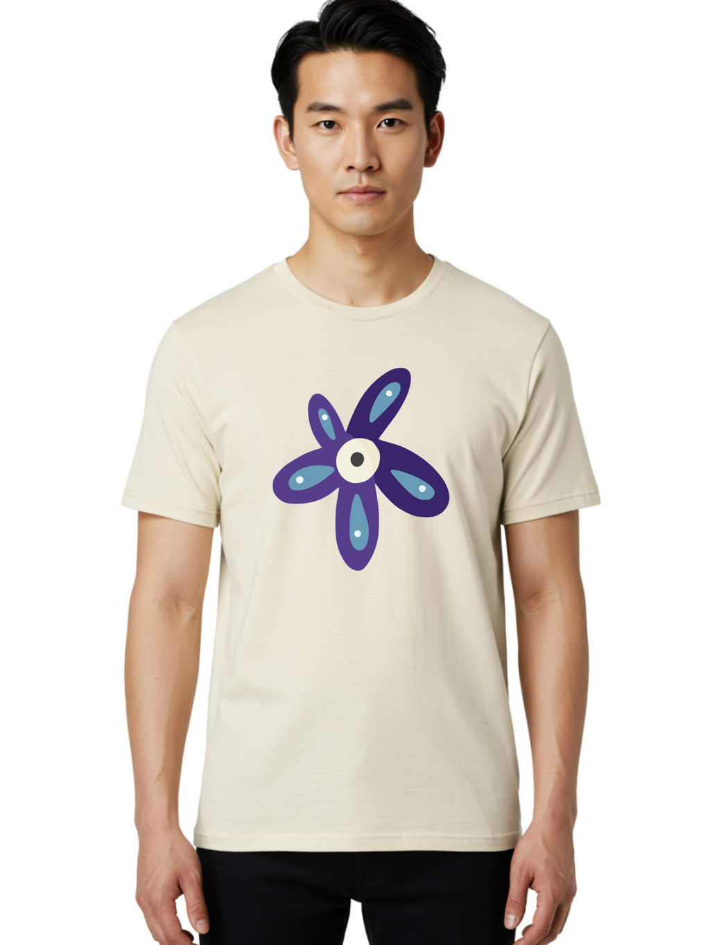 Purple-Flower Men'S Graphic Tee, 100% Cotton, Comfortable Casual Summer Wear, Machine Washable, Cartoon Flower, Purple Petals, Blue Accents, White And Black Eye, Digital Illustration, Creative Art, Whimsical Design, Graphic Element Aad739