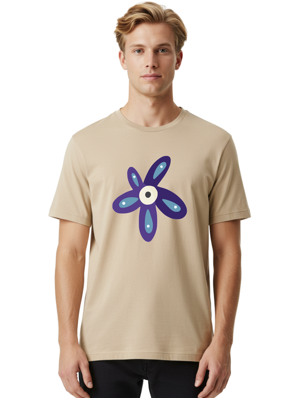 Purple-Flower Men'S Graphic Tee, 100% Cotton, Comfortable Casual Summer Wear, Machine Washable, Cartoon Flower, Purple Petals, Blue Accents, White And Black Eye, Digital Illustration, Creative Art, Whimsical Design, Graphic Element Aad739