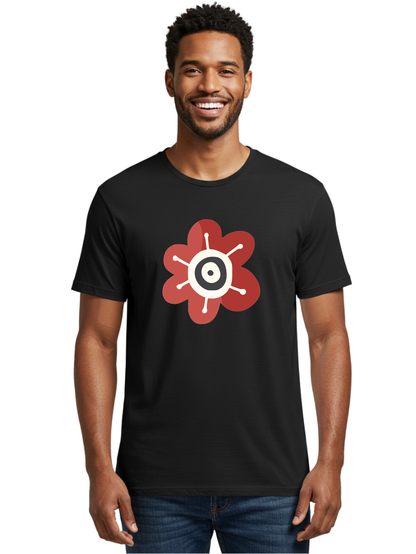 Red-Flower-1 Men'S Graphic Tee, 100% Cotton, Comfortable Casual Summer Wear, Machine Washable, Red Flower Illustration, Stylized Floral Design, Abstract Flower, Minimalist Art, White And Black Center, Bold Graphics, Modern Icon Aad742