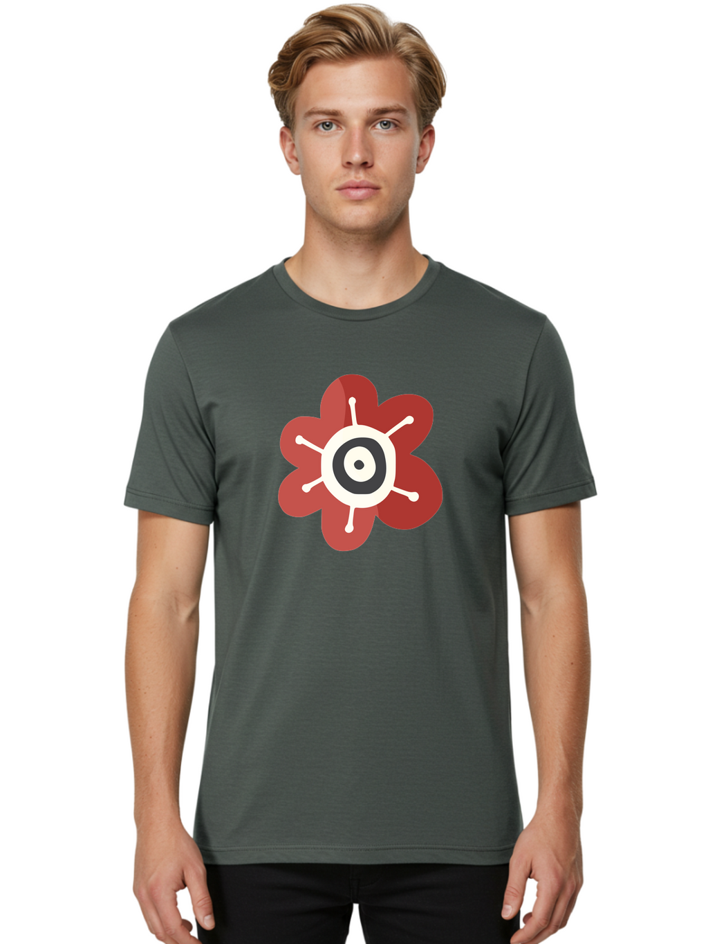 Red-Flower-1 Men'S Graphic Tee, 100% Cotton, Comfortable Casual Summer Wear, Machine Washable, Red Flower Illustration, Stylized Floral Design, Abstract Flower, Minimalist Art, White And Black Center, Bold Graphics, Modern Icon Aad742