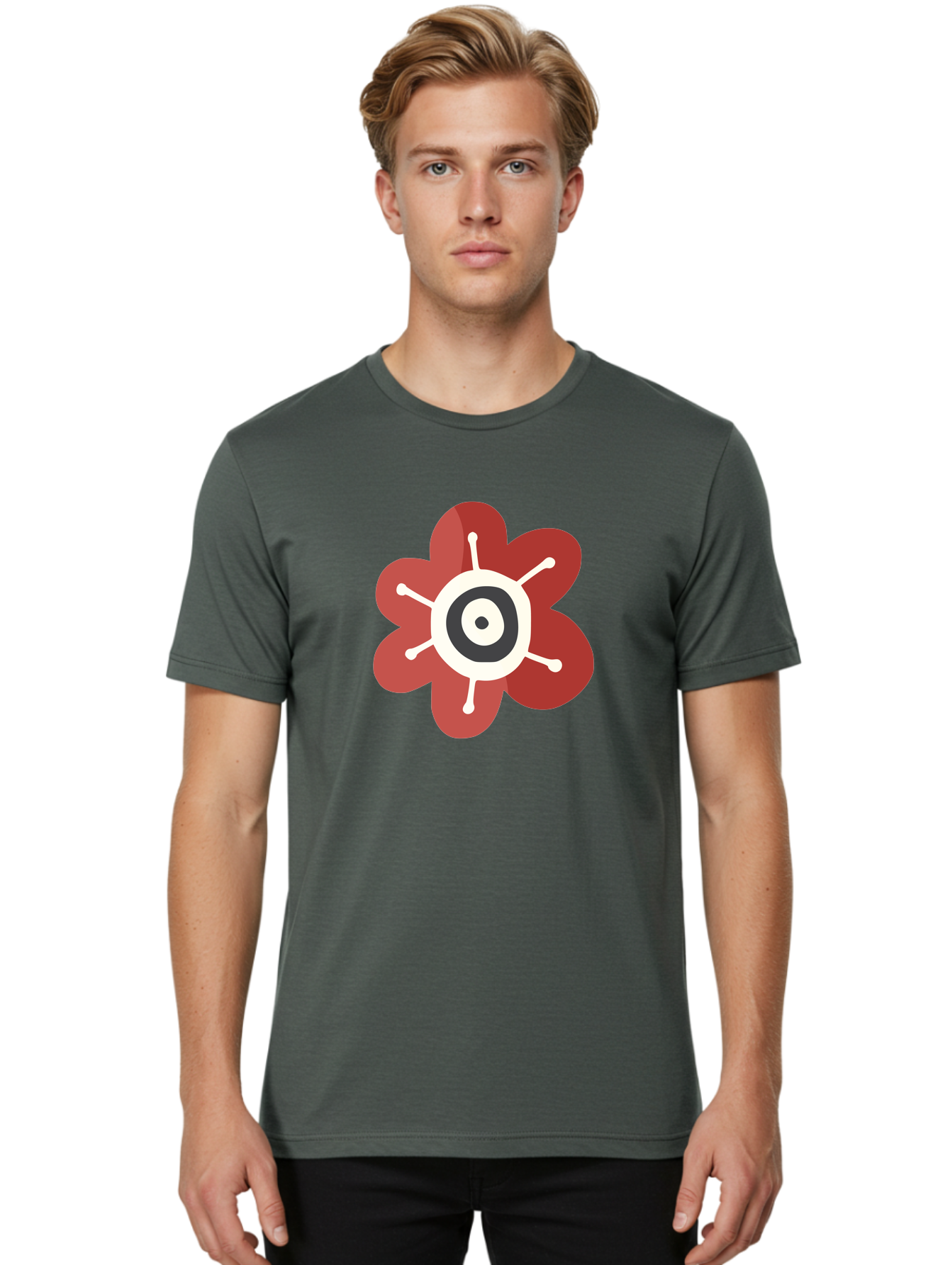 Red-Flower-1 Men'S Graphic Tee, 100% Cotton, Comfortable Casual Summer Wear, Machine Washable, Red Flower Illustration, Stylized Floral Design, Abstract Flower, Minimalist Art, White And Black Center, Bold Graphics, Modern Icon Aad742