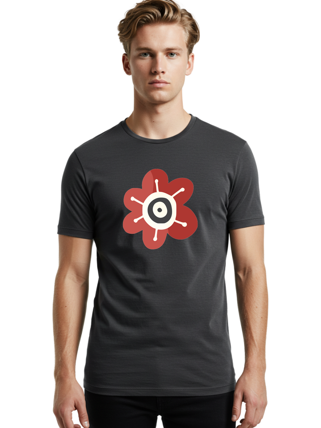 Red-Flower-1 Men'S Graphic Tee, 100% Cotton, Comfortable Casual Summer Wear, Machine Washable, Red Flower Illustration, Stylized Floral Design, Abstract Flower, Minimalist Art, White And Black Center, Bold Graphics, Modern Icon Aad742