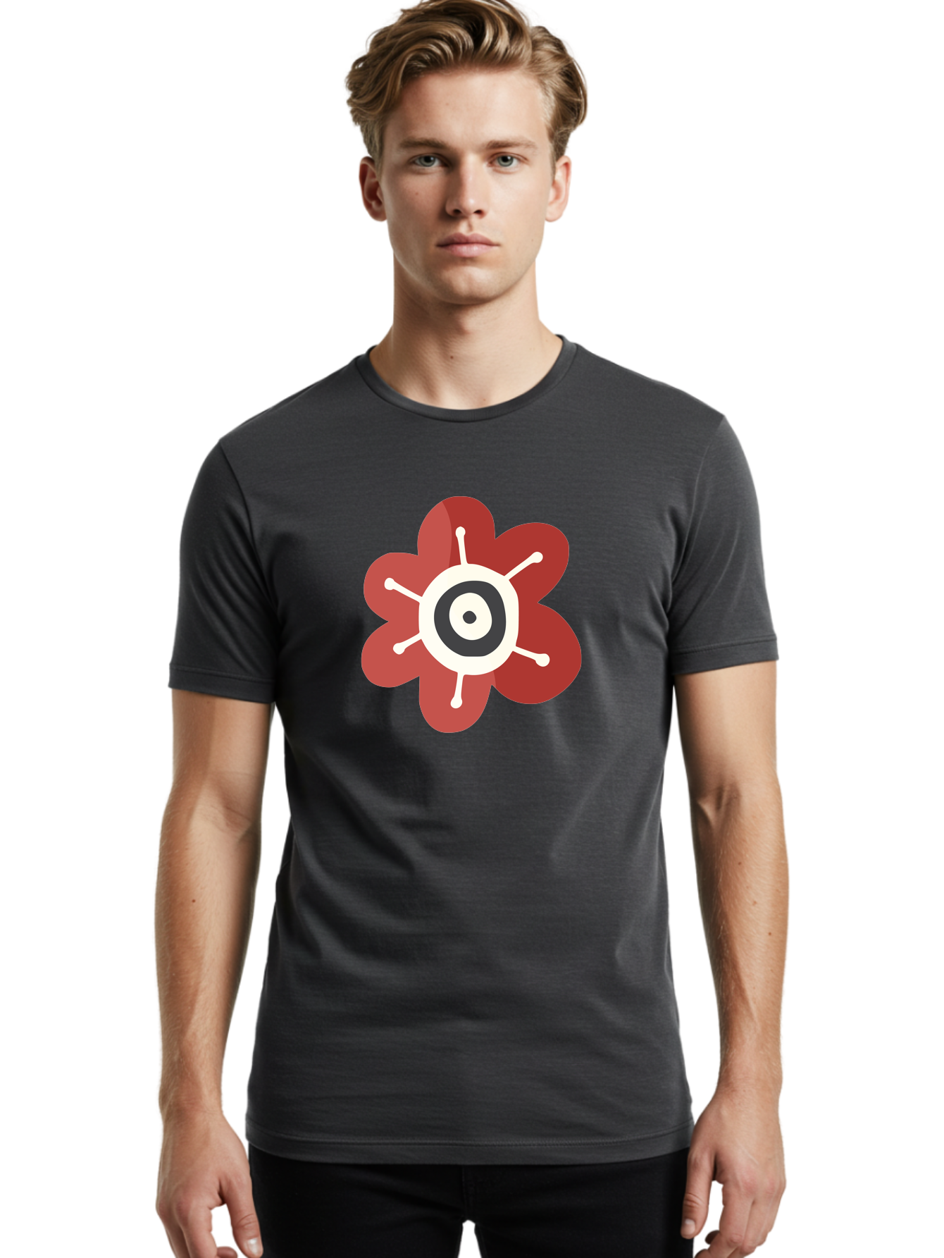Red-Flower-1 Men'S Graphic Tee, 100% Cotton, Comfortable Casual Summer Wear, Machine Washable, Red Flower Illustration, Stylized Floral Design, Abstract Flower, Minimalist Art, White And Black Center, Bold Graphics, Modern Icon Aad742