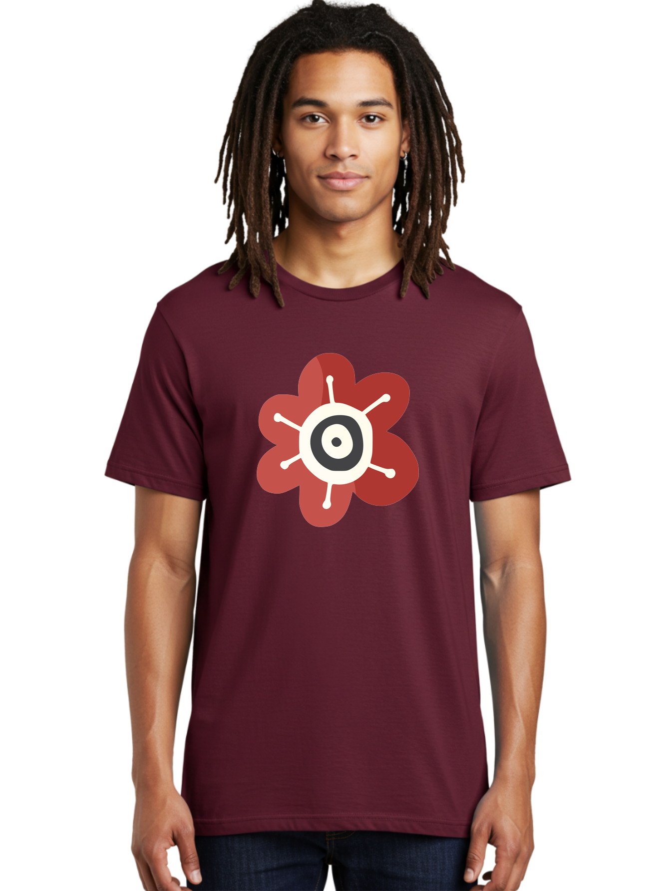Red-Flower-1 Men'S Graphic Tee, 100% Cotton, Comfortable Casual Summer Wear, Machine Washable, Red Flower Illustration, Stylized Floral Design, Abstract Flower, Minimalist Art, White And Black Center, Bold Graphics, Modern Icon Aad742